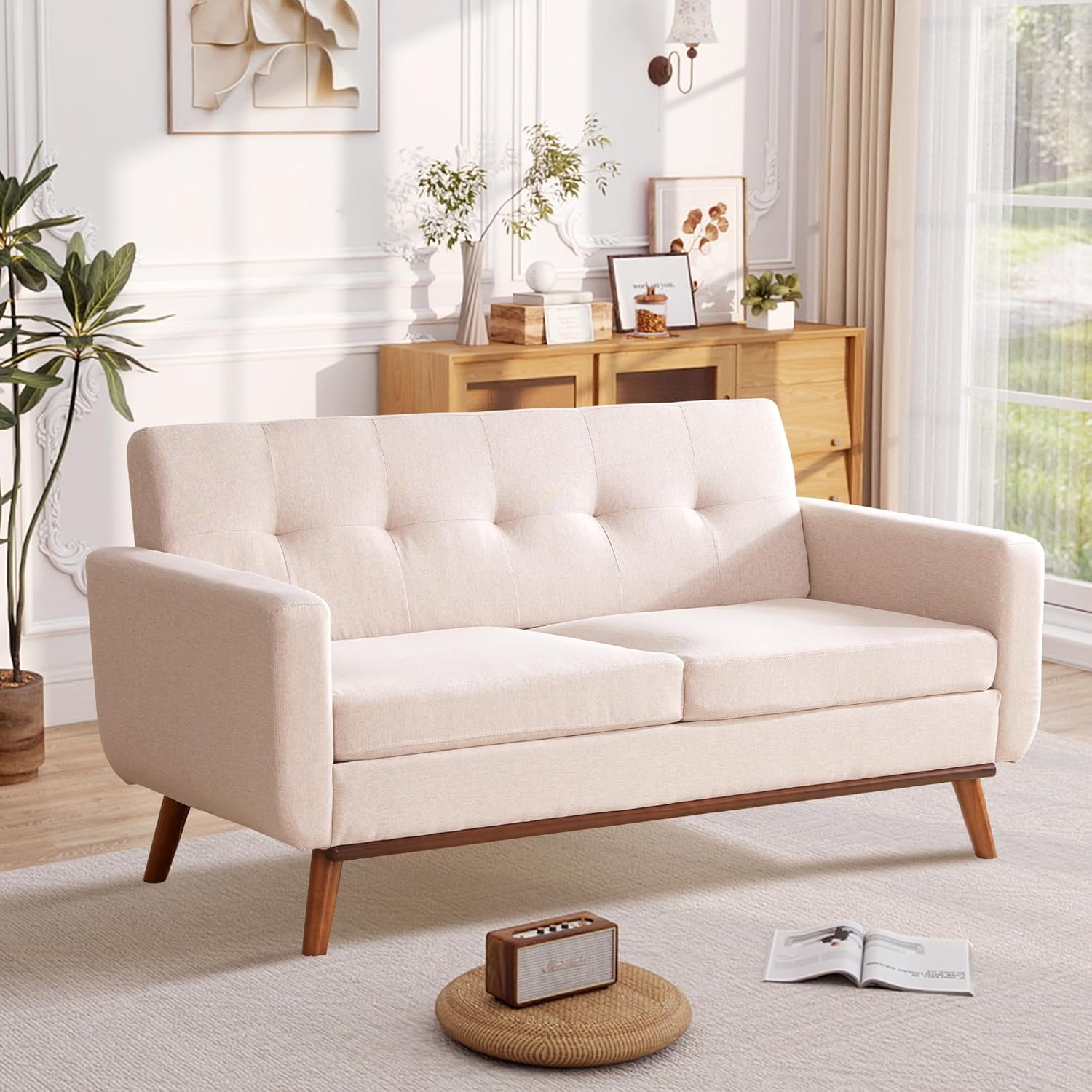 Kingfun 65.2" W Loveseat Sofa, Mid Century Modern Decor Love Seat Couches for Living Room, Button Tufted Upholstered Furniture, Solid & Easy to Install Small Couch for Bedroom Office Apartment, Beige | linen fabric, button tufted, solid wood foot, pocket