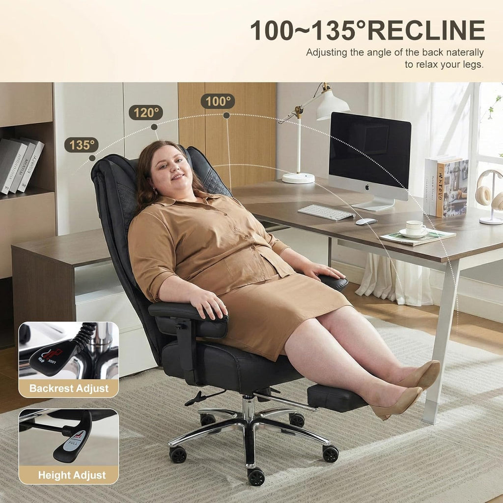 EXCEBET Big and Tall Office Chair 400lbs Wide Seat, Leather High Back Executive Office Chair with Foot Rest, Ergonomic Chairs Lumbar Support for Lower Back Pain Relief (Black)