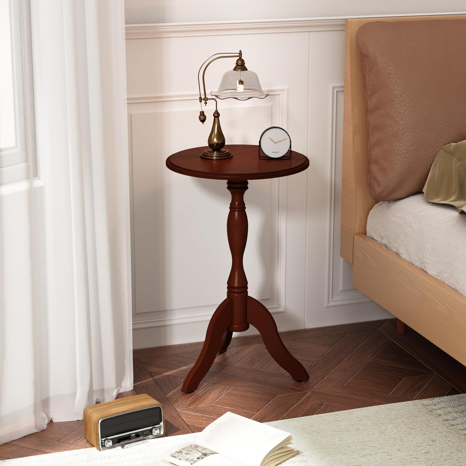 HLR Round Small End Table, Wooden Pedestal Side Coffee Tables, Vintage Accent Nightstand for Living Room, Bedroom, Entryway (1, Dark Brown)