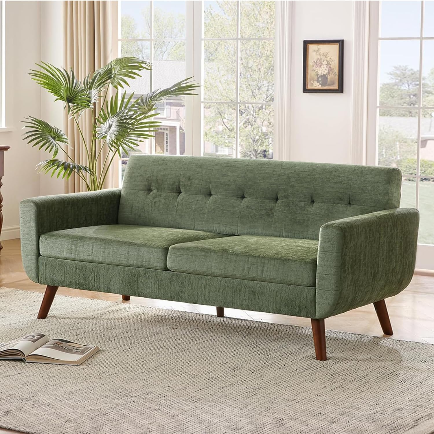 Tbfit 65" W Loveseat Sofa, Mid Century Modern Decor Love Seat Couches for Living Room, Button Tufted Upholstered Small Couch for Bedroom, Solid and Easy to Install Love Seats Furniture, Beige | linen fabric, button tufted, solid wood foot, pocket spring,