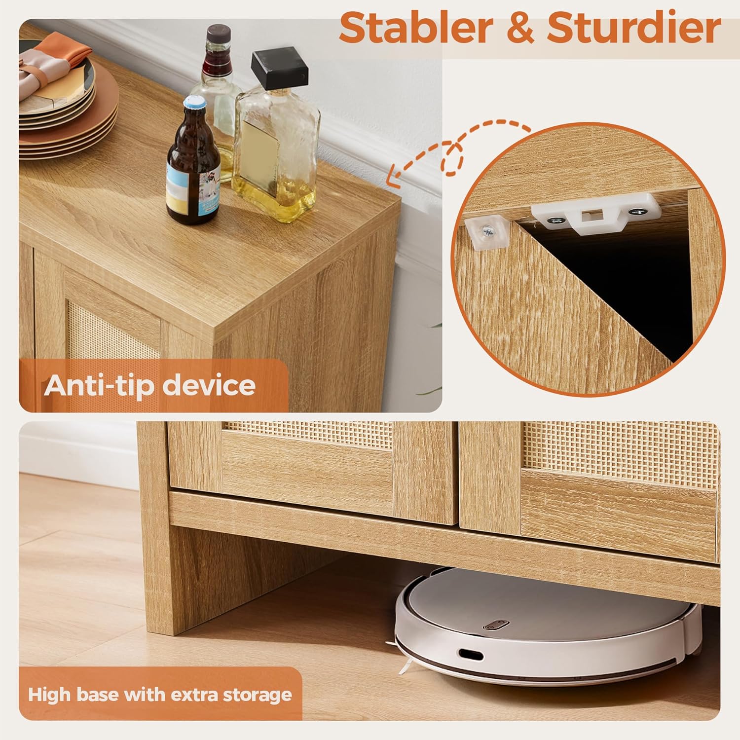 Mericonia Rattan Buffet Cabinet with Storage, Sideboard Cabinet with Doors and Adjustable Shelves, Farmhouse Coffee Bar Station Table, Modern Wood Cupboard for Kitchen, Livingroom and Dining Room