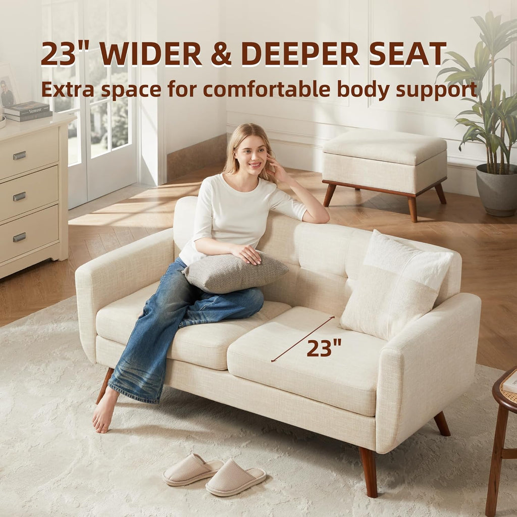 Tbfit 65" W Loveseat Sofa, Mid Century Modern Decor Love Seat Couches for Living Room, Button Tufted Upholstered Small Couch for Bedroom, Solid and Easy to Install Love Seats Furniture, Beige | linen fabric, button tufted, solid wood foot, pocket spring,