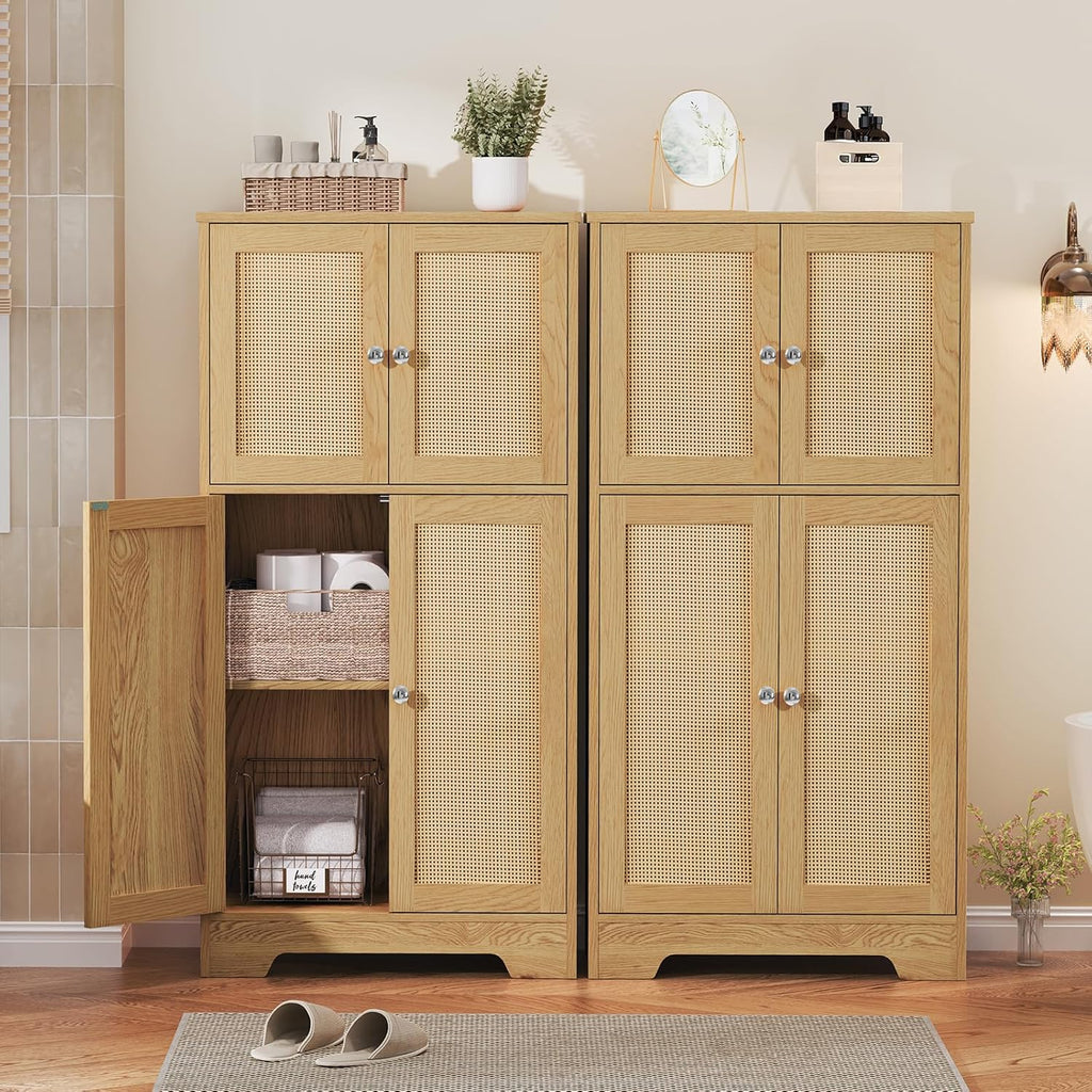 TEENFON Storage Cabinet, Rattan Cabinets with 2 Adjustable Shelves & 4 Doors, Bathroom Cabinet, Cupboard, Floor Cabinets for Living Room, Entryway, Kitchen, Home Office, Natural