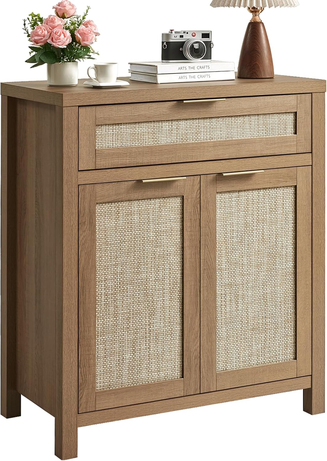 HOKYHOKY Rattan Sideboard Buffet Cabinet, Boho Storage Cabinet with Adjustable Shelves, Farmhouse Credenza Coffee Bar Cabinets with 4 Doors & 3 Drawers for Living Room, Hallway & Kitchen