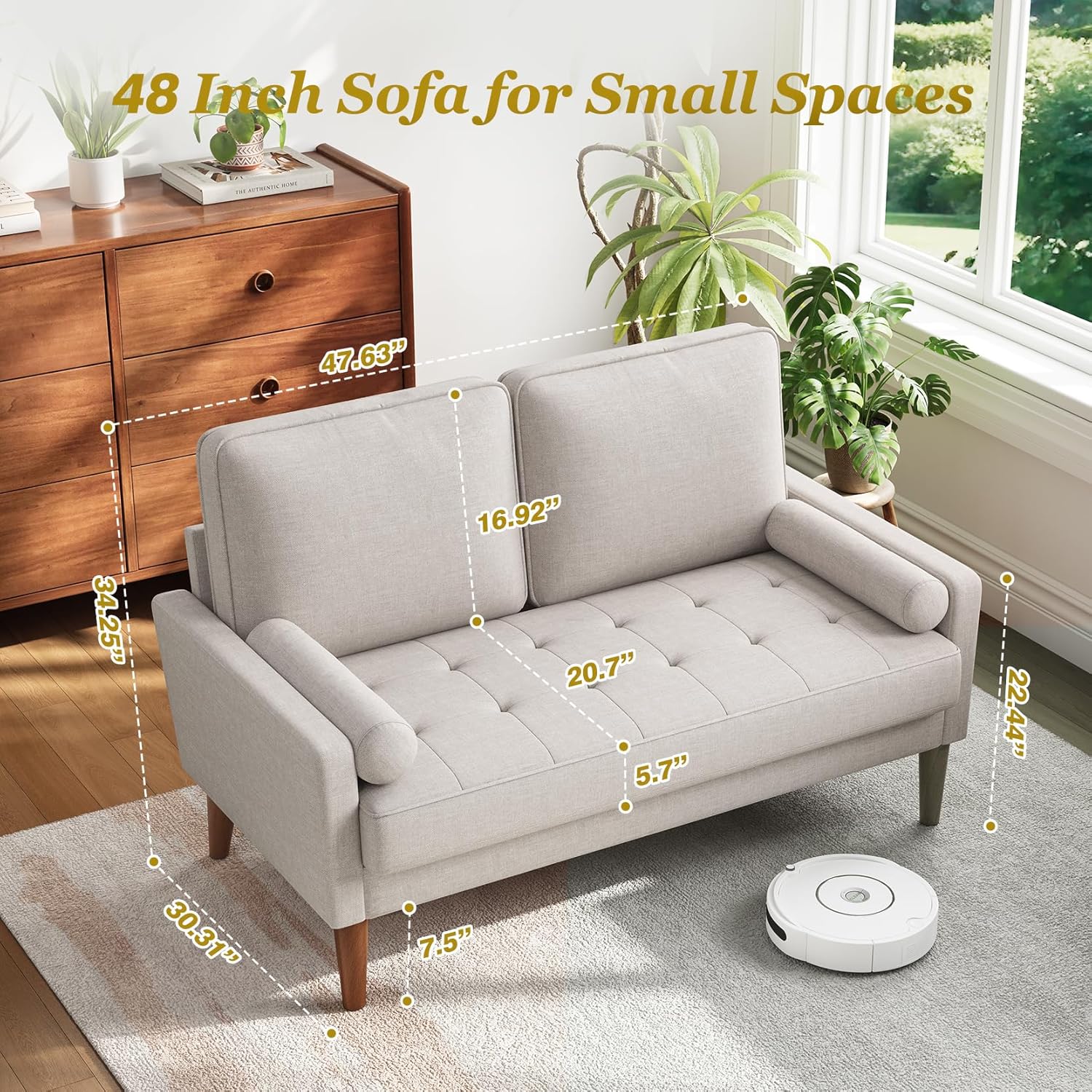 Vesgantti Loveseat Sofa with Solid Wood Legs, 48" Small Couches for Small Spaces, Love Seat for Living Room, Bedroom, Easy Assembly Mid Century Modern Couch with Throw Pillow for Apartment, Ashbeige