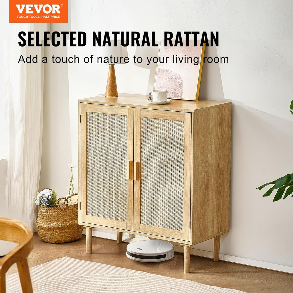 VEVOR Rattan Cabinet, Buffet Cabinet with 2 Magnetic Doors and Adjustable Shelves, Sideboard Buffet for Hallway, Entryway, Living Room, or Kitchen, Natural