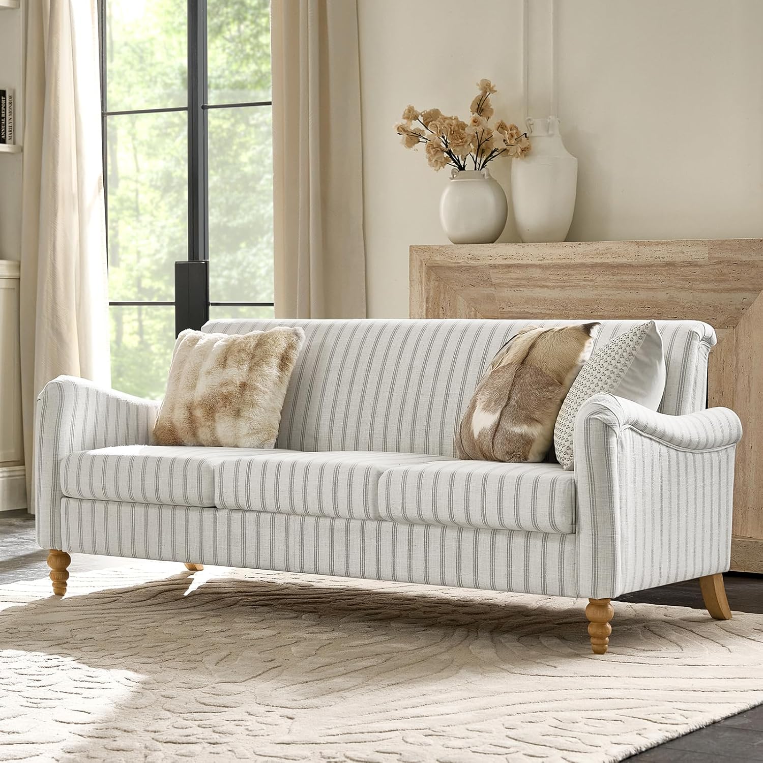 HULALA HOME 50.5" Loveseat Sofa with Solid Wood Spindle Legs, 2 Seater Farmhouse Sofa with Rolled Wide Armrests, Comfy Upholstered Small Couch for Living Room Bedroom, Linen