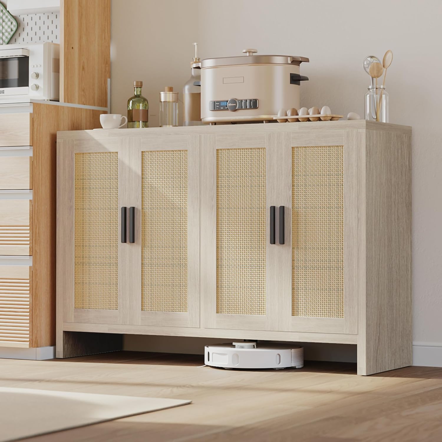 Mericonia Rattan Buffet Cabinet with Storage, Sideboard Cabinet with Doors and Adjustable Shelves, Farmhouse Coffee Bar Station Table, Modern Wood Cupboard for Kitchen, Livingroom and Dining Room