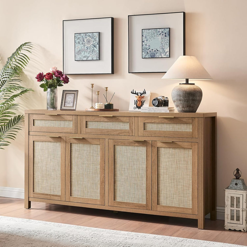HOKYHOKY Rattan Sideboard Buffet Cabinet, Boho Storage Cabinet with Adjustable Shelves, Farmhouse Credenza Coffee Bar Cabinets with 4 Doors & 3 Drawers for Living Room, Hallway & Kitchen