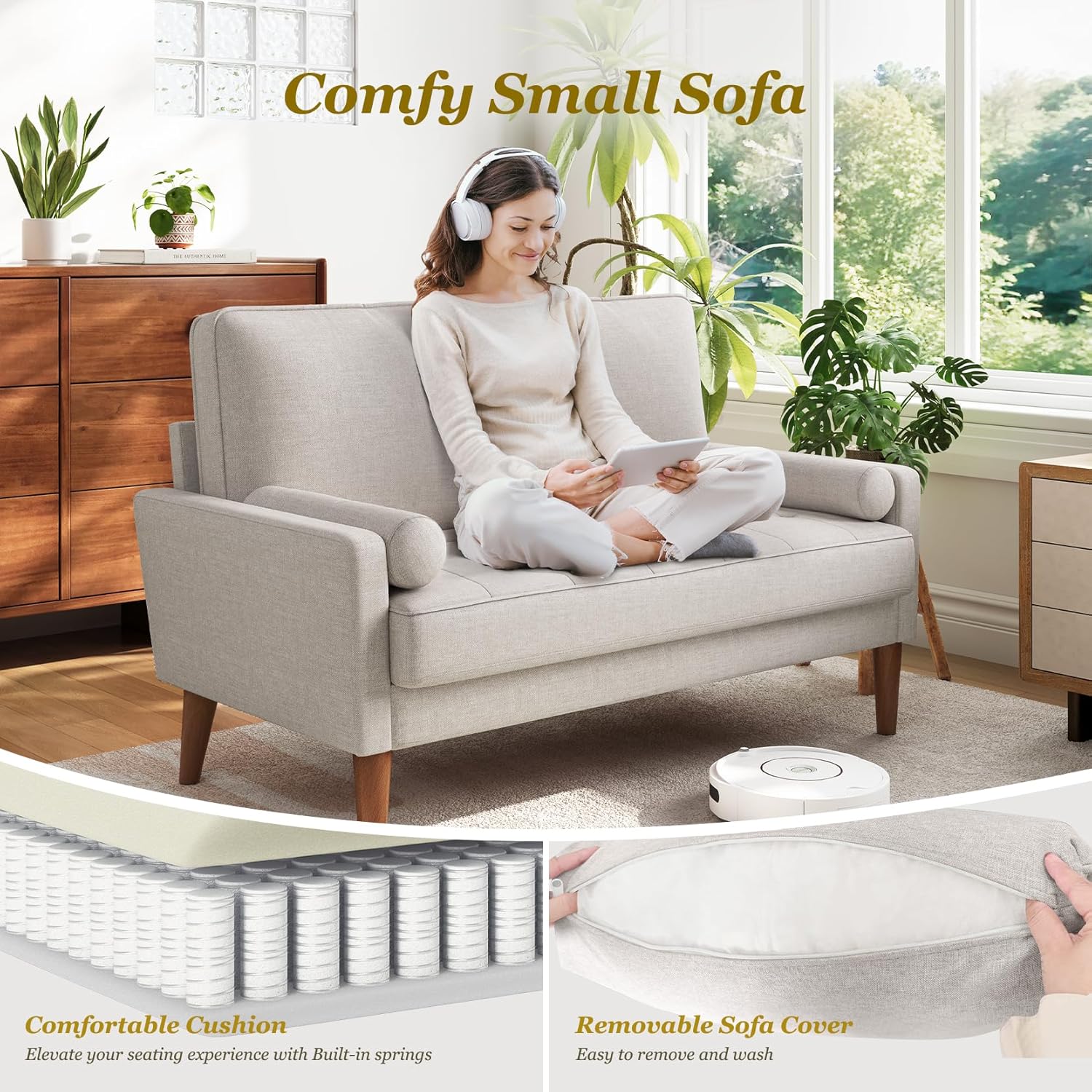 Vesgantti Loveseat Sofa with Solid Wood Legs, 48" Small Couches for Small Spaces, Love Seat for Living Room, Bedroom, Easy Assembly Mid Century Modern Couch with Throw Pillow for Apartment, Ashbeige