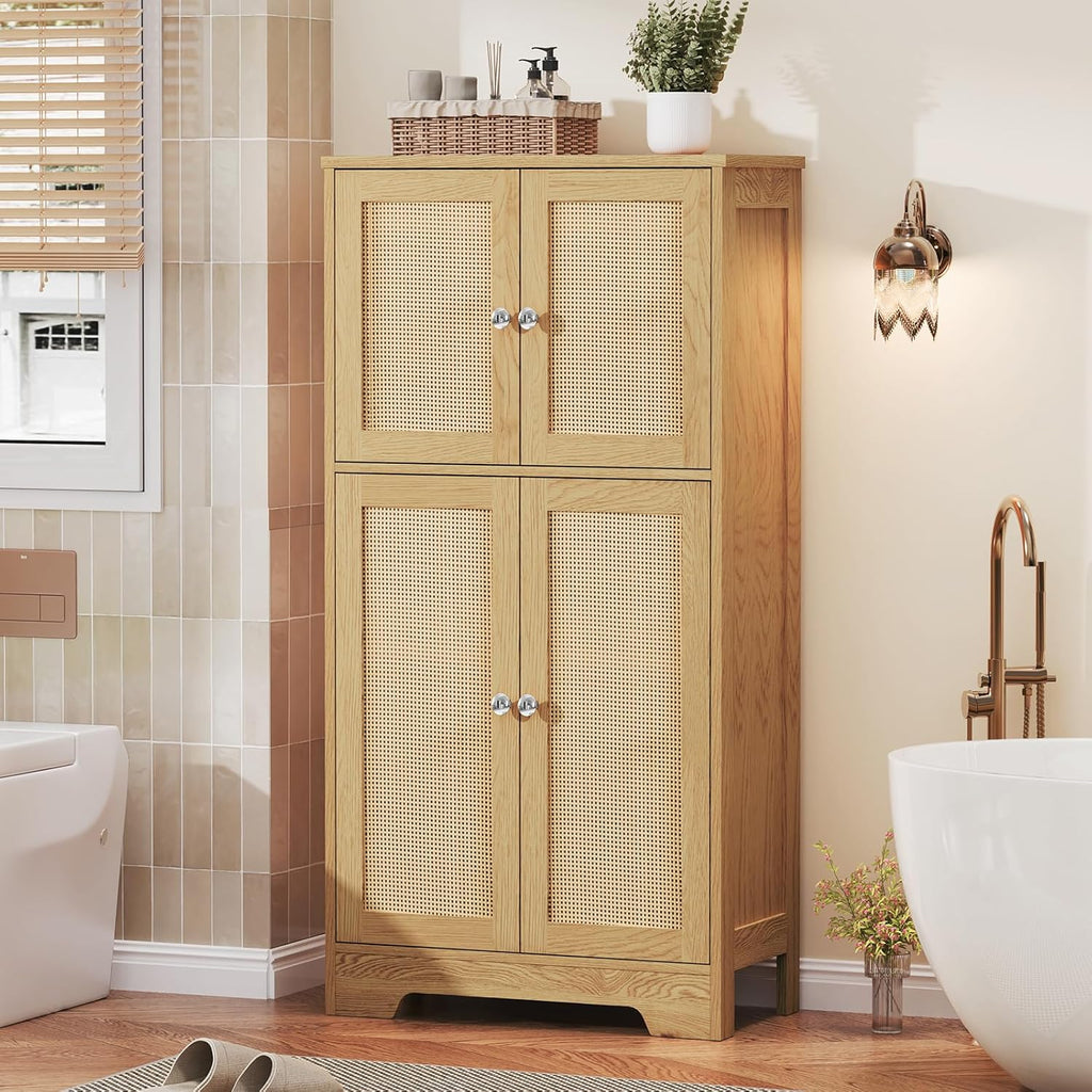 TEENFON Storage Cabinet, Rattan Cabinets with 2 Adjustable Shelves & 4 Doors, Bathroom Cabinet, Cupboard, Floor Cabinets for Living Room, Entryway, Kitchen, Home Office, Natural
