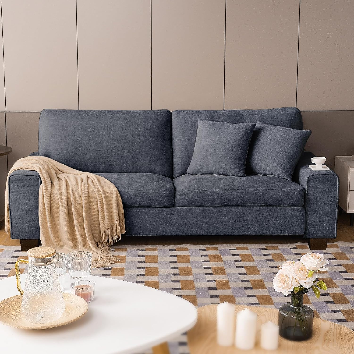 DOPEDIO Modern Loveseat Sofa for Living Room,Chenille Recliner, Removable Cover, Spring Cushions, Solid Wood Frame, Easy Assembly for Small Spaces (71.25inch，Beige)