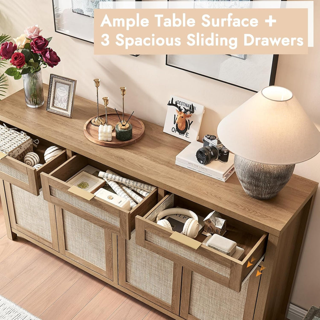 HOKYHOKY Rattan Sideboard Buffet Cabinet, Boho Storage Cabinet with Adjustable Shelves, Farmhouse Credenza Coffee Bar Cabinets with 4 Doors & 3 Drawers for Living Room, Hallway & Kitchen