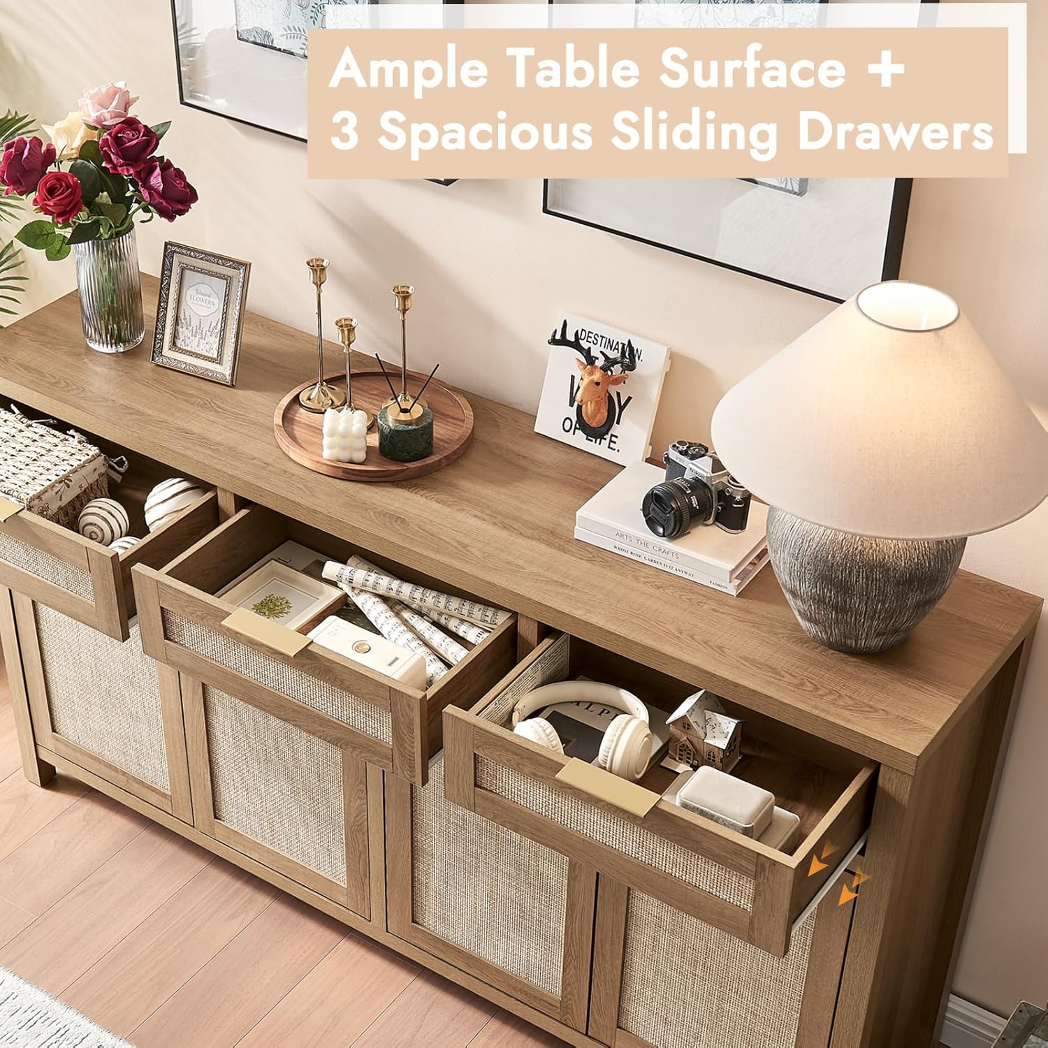 HOKYHOKY Rattan Sideboard Buffet Cabinet, Boho Storage Cabinet with Adjustable Shelves, Farmhouse Credenza Coffee Bar Cabinets with 4 Doors & 3 Drawers for Living Room, Hallway & Kitchen