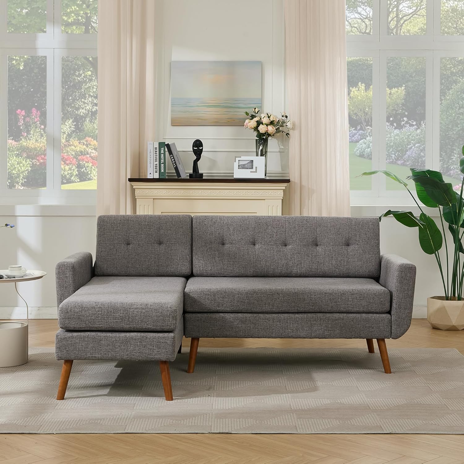 Kingfun 65.2" W Loveseat Sofa, Mid Century Modern Decor Love Seat Couches for Living Room, Button Tufted Upholstered Furniture, Solid & Easy to Install Small Couch for Bedroom Office Apartment, Beige | linen fabric, button tufted, solid wood foot, pocket