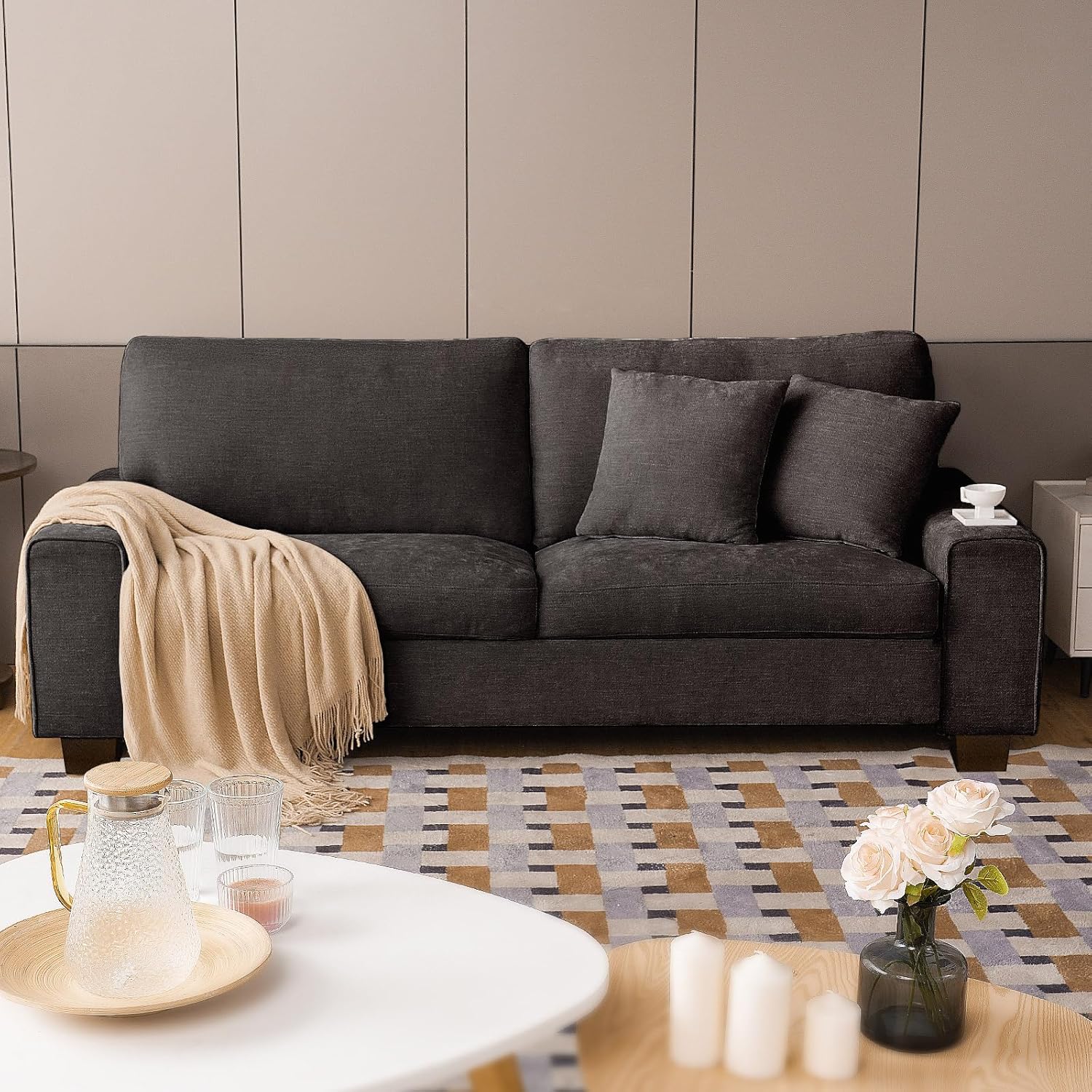 DOPEDIO Modern Loveseat Sofa for Living Room,Chenille Recliner, Removable Cover, Spring Cushions, Solid Wood Frame, Easy Assembly for Small Spaces (71.25inch，Beige)