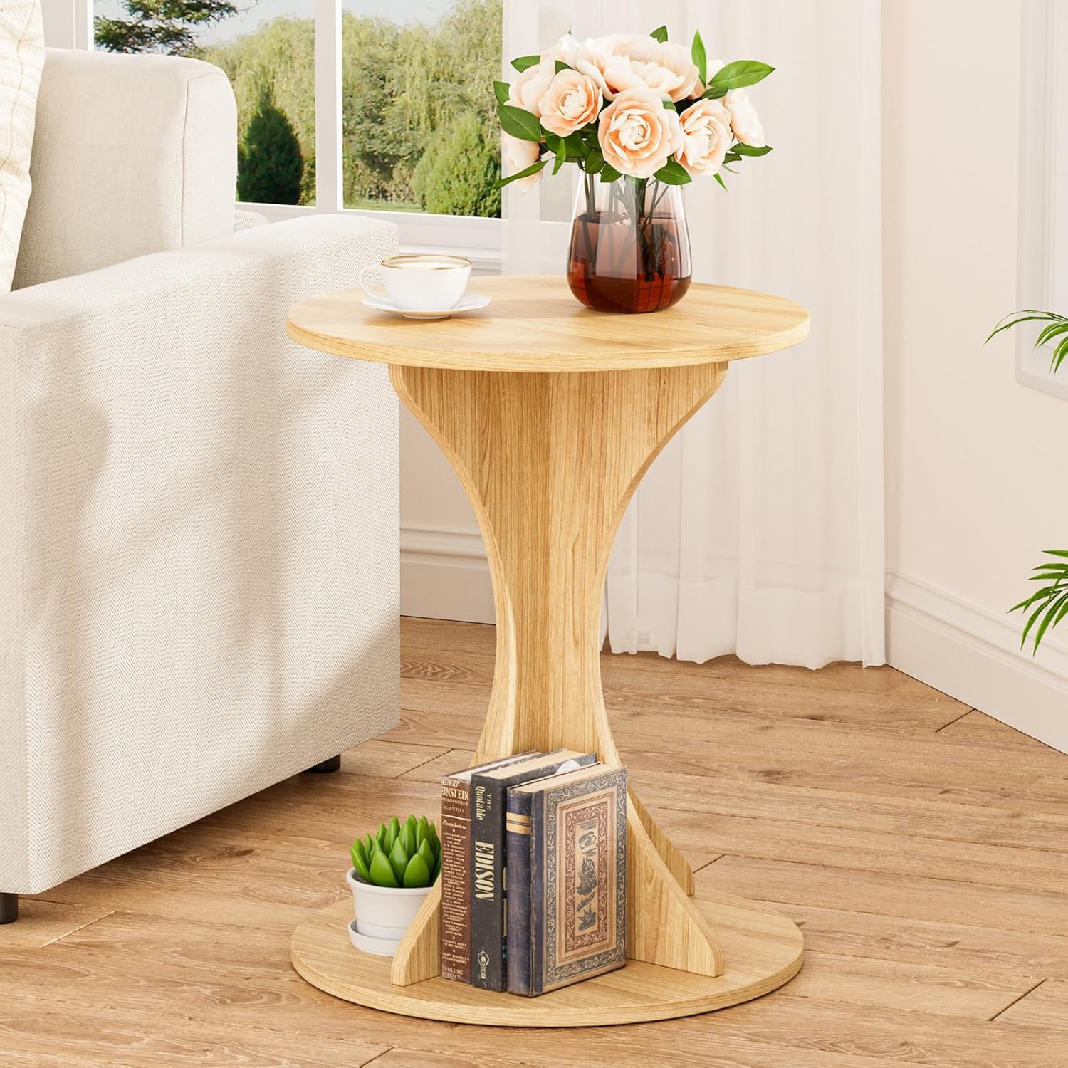 Round Side End Table - Wood Accent Coffee Table for Living Room, Modern Circle Nightstand with Pedestal for Small Spaces Bedroom Sofa, Vintage Corner Couch Bedside Table (Rustic Brown)