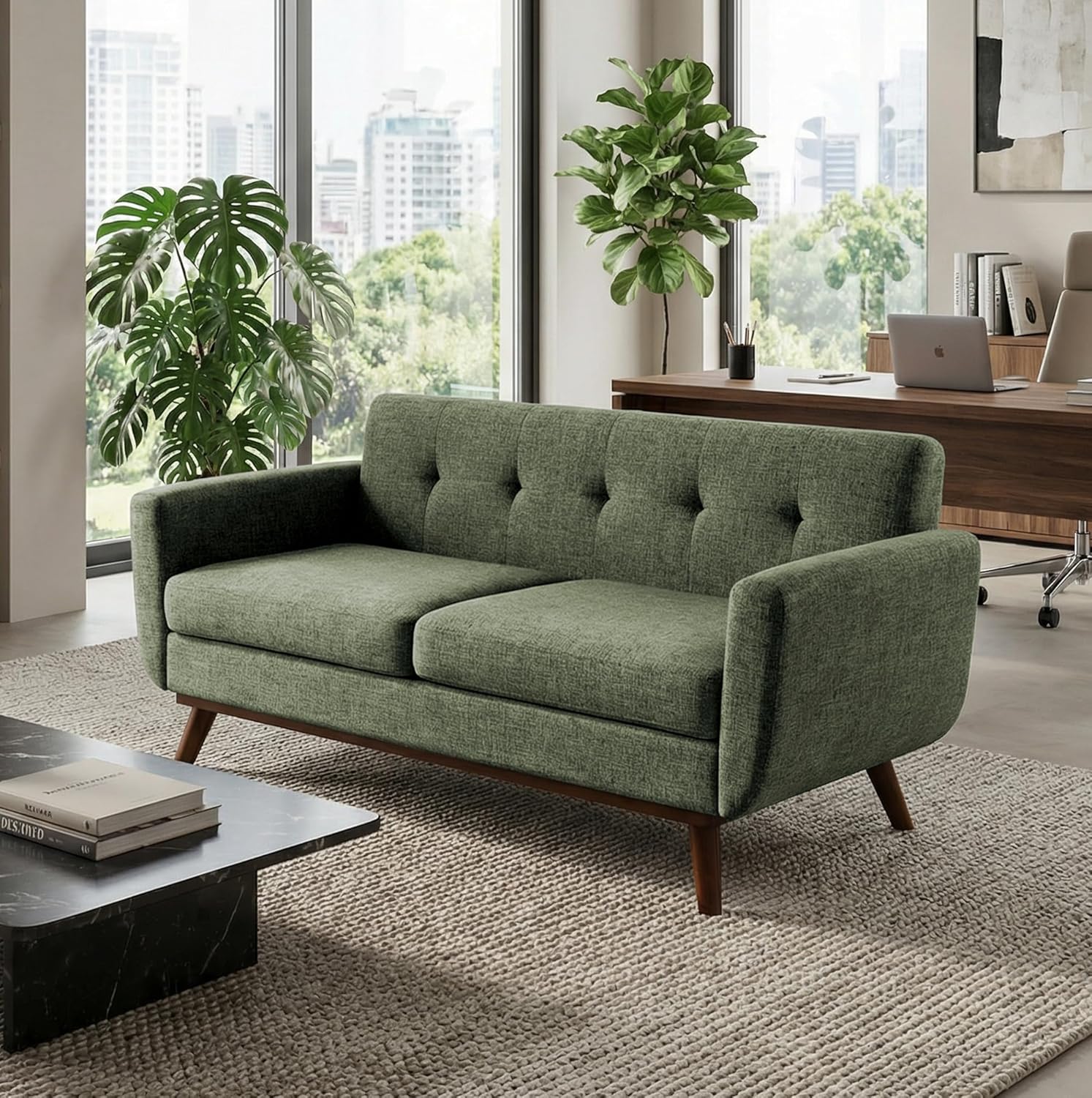 Kingfun 65.2" W Loveseat Sofa, Mid Century Modern Decor Love Seat Couches for Living Room, Button Tufted Upholstered Furniture, Solid & Easy to Install Small Couch for Bedroom Office Apartment, Beige | linen fabric, button tufted, solid wood foot, pocket