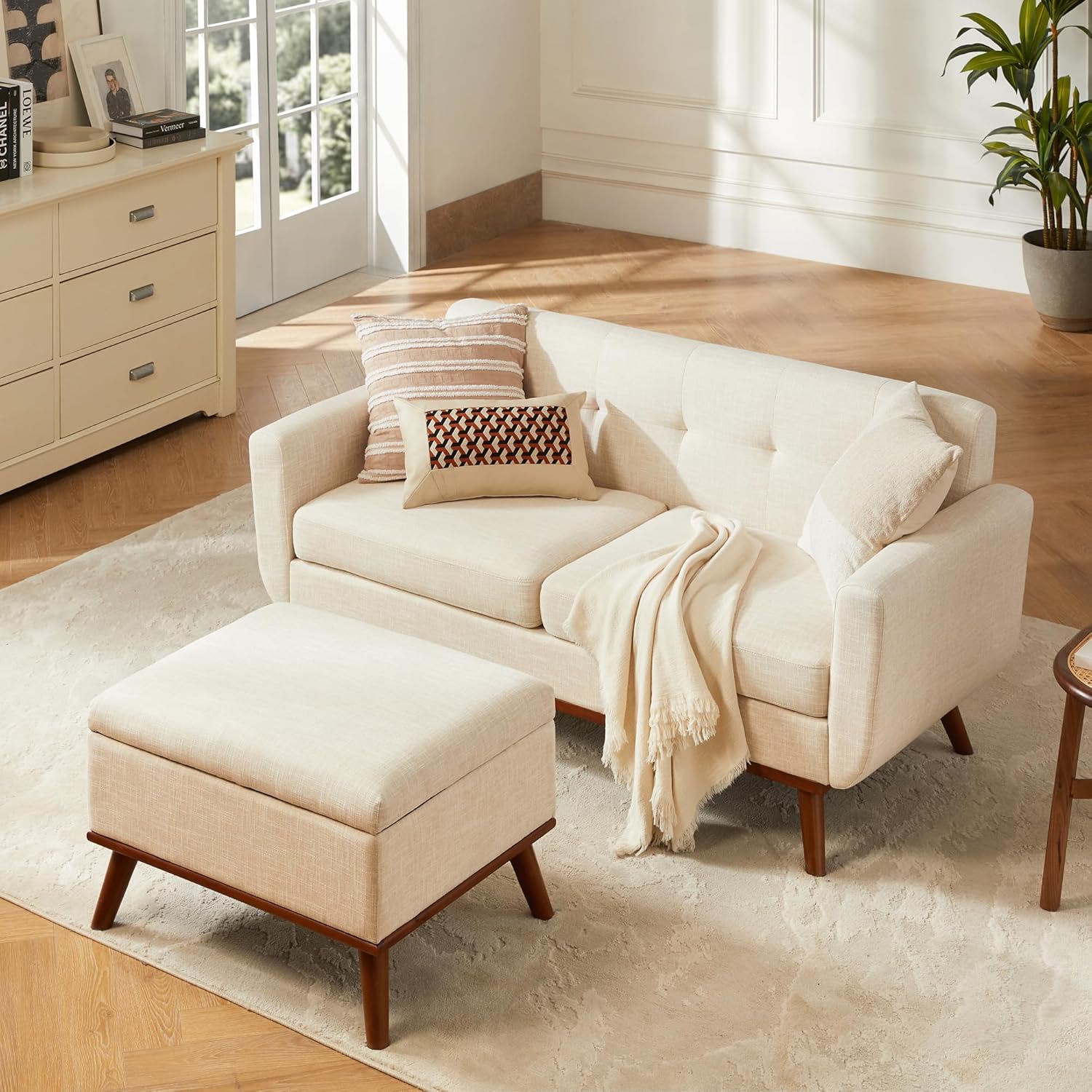 Kingfun 65.2" W Loveseat Sofa, Mid Century Modern Decor Love Seat Couches for Living Room, Button Tufted Upholstered Furniture, Solid & Easy to Install Small Couch for Bedroom Office Apartment, Beige | linen fabric, button tufted, solid wood foot, pocket