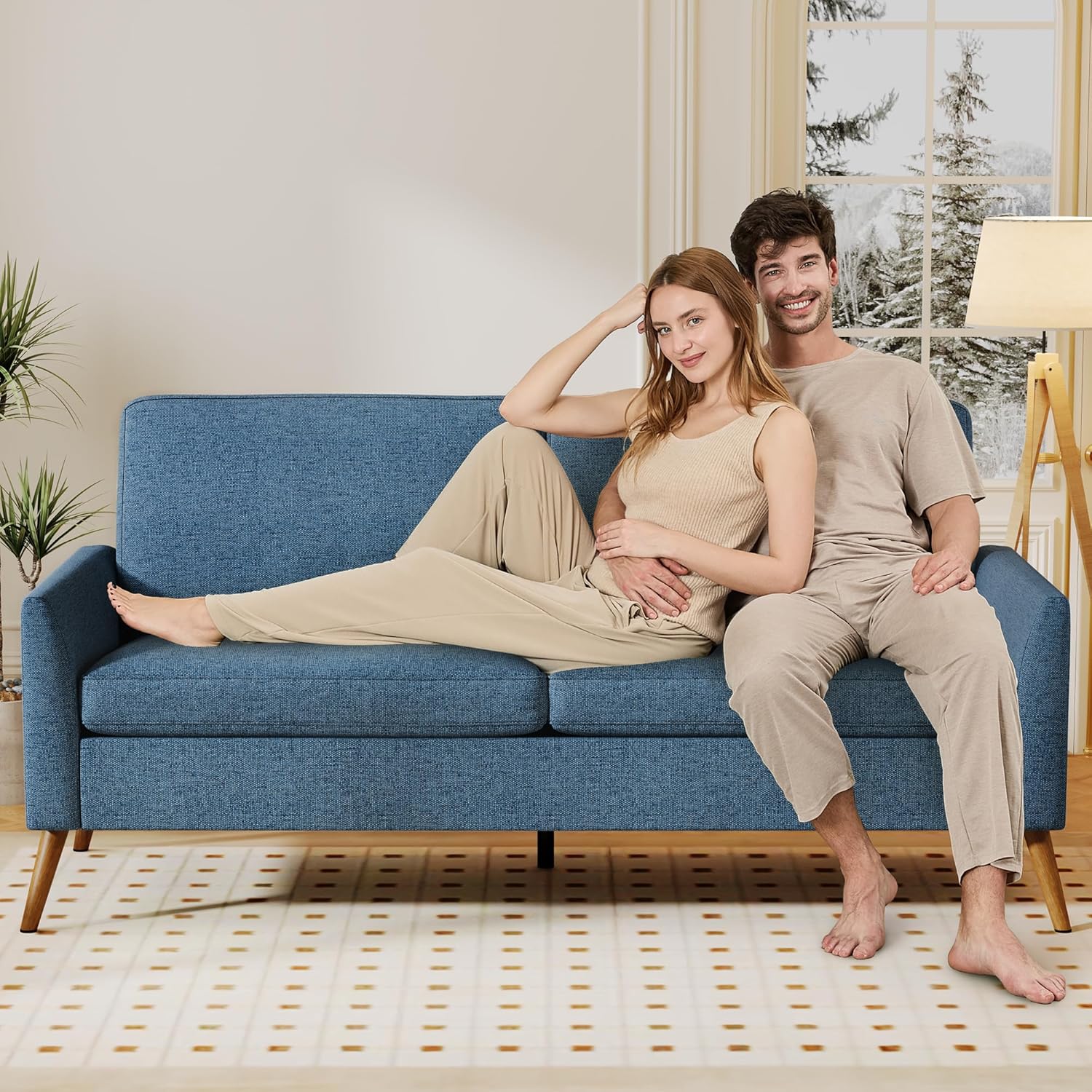 Vipbear 68" Loveseat Sofa - Blue, Comfy Linen with Spring Cushion, Solid Wood Frame, Modern Deep Seat, Bedroom & Living Room, Office Small Couch