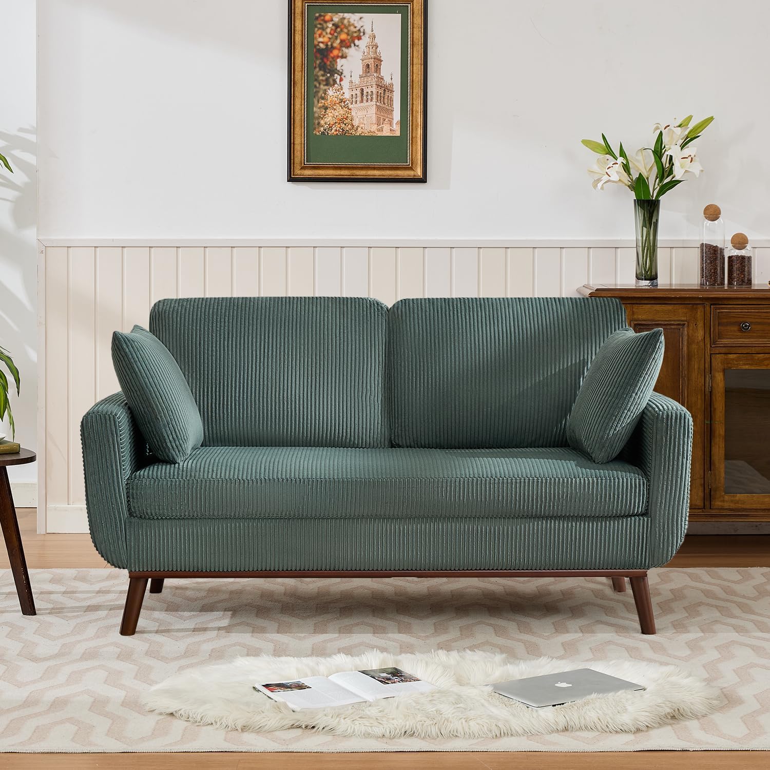 Kingfun 65.2" W Loveseat Sofa, Mid Century Modern Decor Love Seat Couches for Living Room, Button Tufted Upholstered Furniture, Solid & Easy to Install Small Couch for Bedroom Office Apartment, Beige | linen fabric, button tufted, solid wood foot, pocket