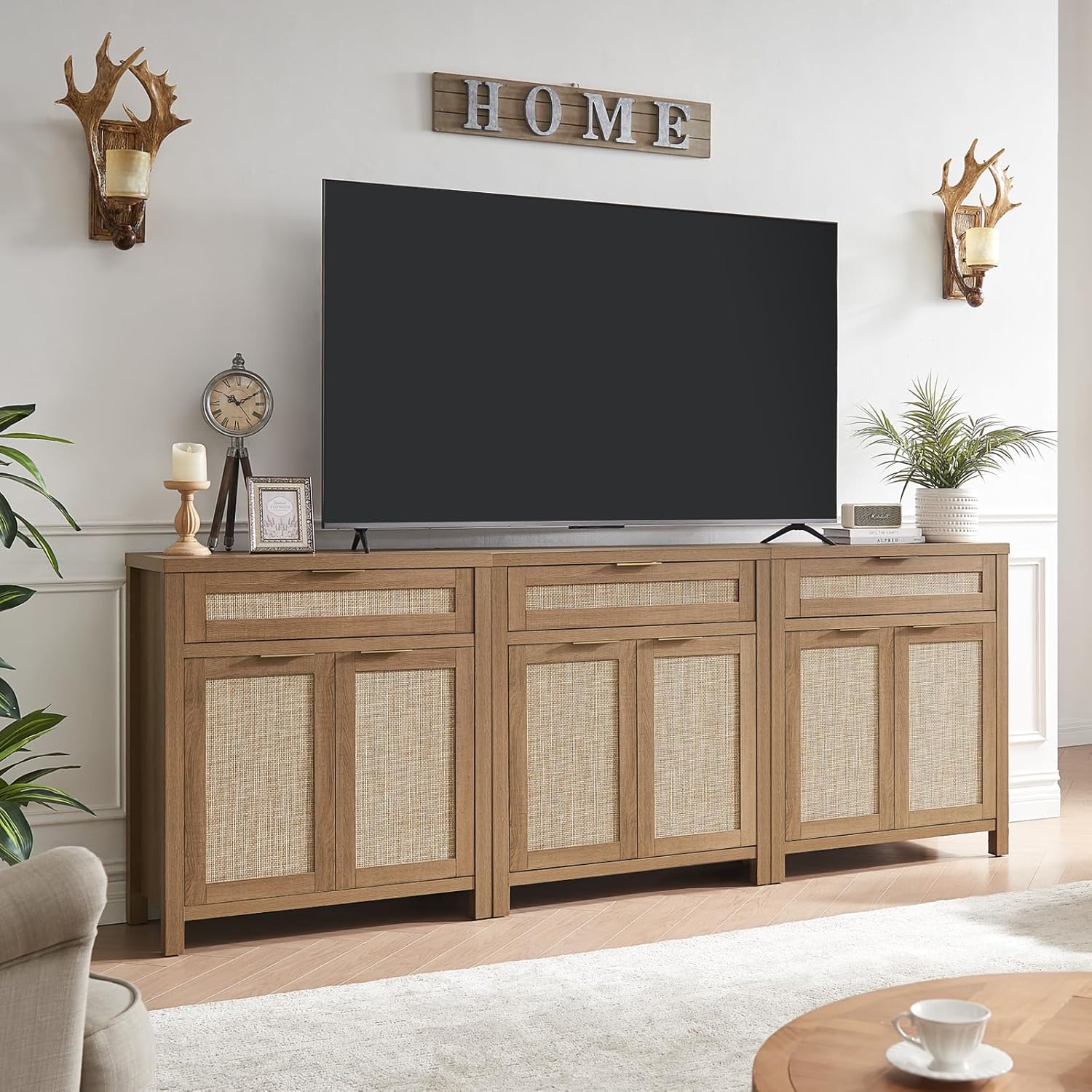 HOKYHOKY Rattan Sideboard Buffet Cabinet, Boho Storage Cabinet with Adjustable Shelves, Farmhouse Credenza Coffee Bar Cabinets with 4 Doors & 3 Drawers for Living Room, Hallway & Kitchen