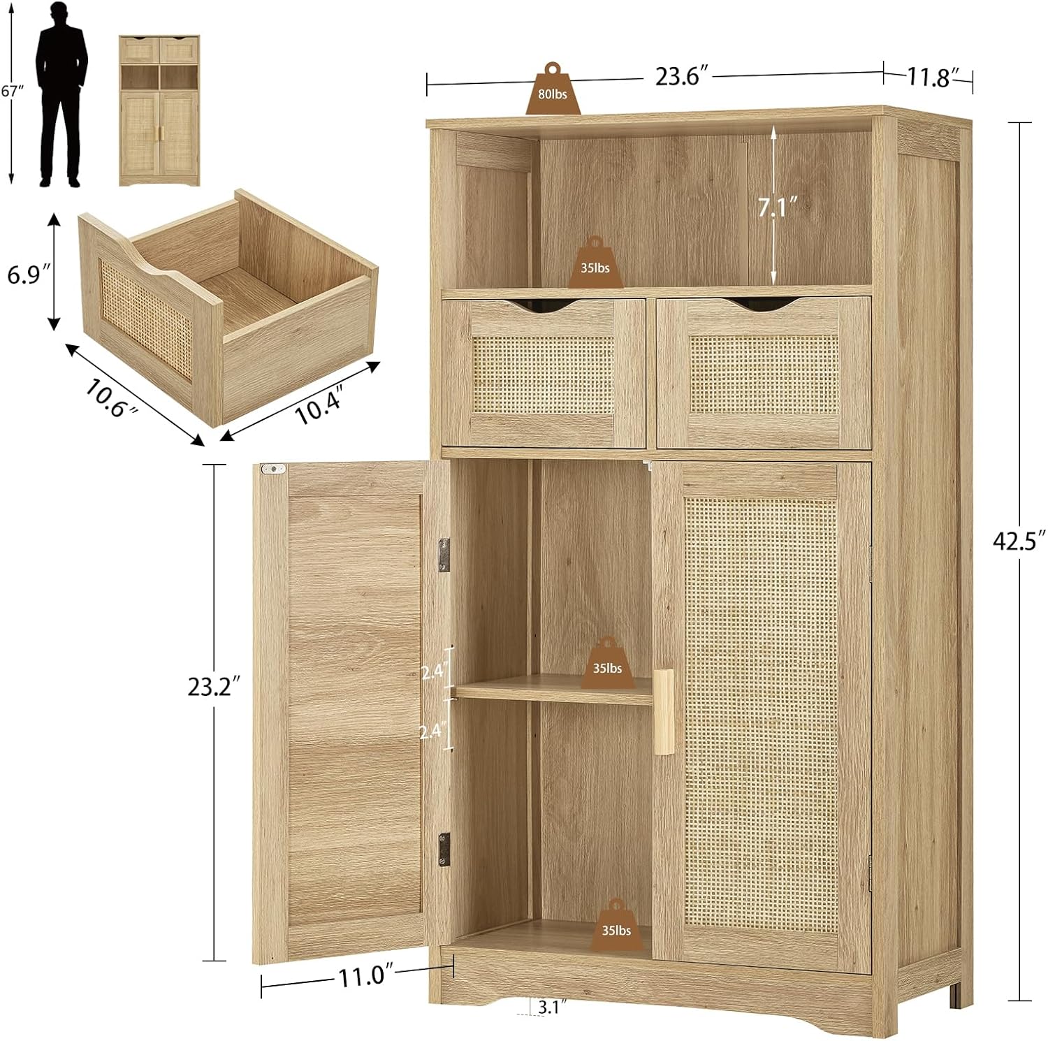 Iwell Storage Cabinet with 2 Drawers & Adjustable Shelves, Rattan Cabinet, Kitchen Pantry Cabinets, Cupboard for Living Room, Kitchen, Home Office, Natural SNG008NR