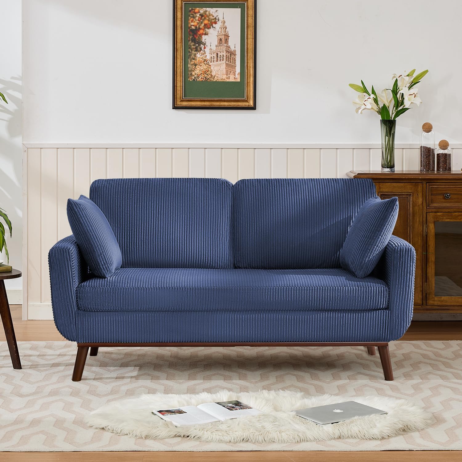 Kingfun 65.2" W Loveseat Sofa, Mid Century Modern Decor Love Seat Couches for Living Room, Button Tufted Upholstered Furniture, Solid & Easy to Install Small Couch for Bedroom Office Apartment, Beige | linen fabric, button tufted, solid wood foot, pocket