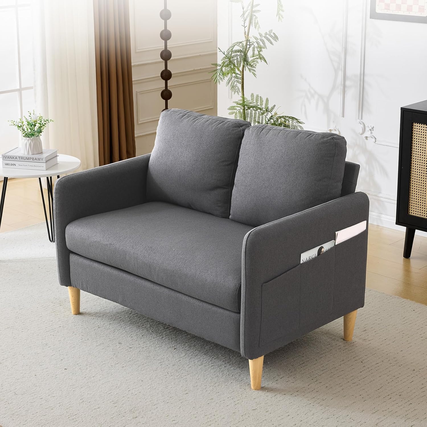 VINGLI 47" Small Couch, Linen Loveseat Sofa Light Grey Mini Couch Mid Century Modern Decor Love Seat for Small Spaces Living Room, Bedroom, Play Room