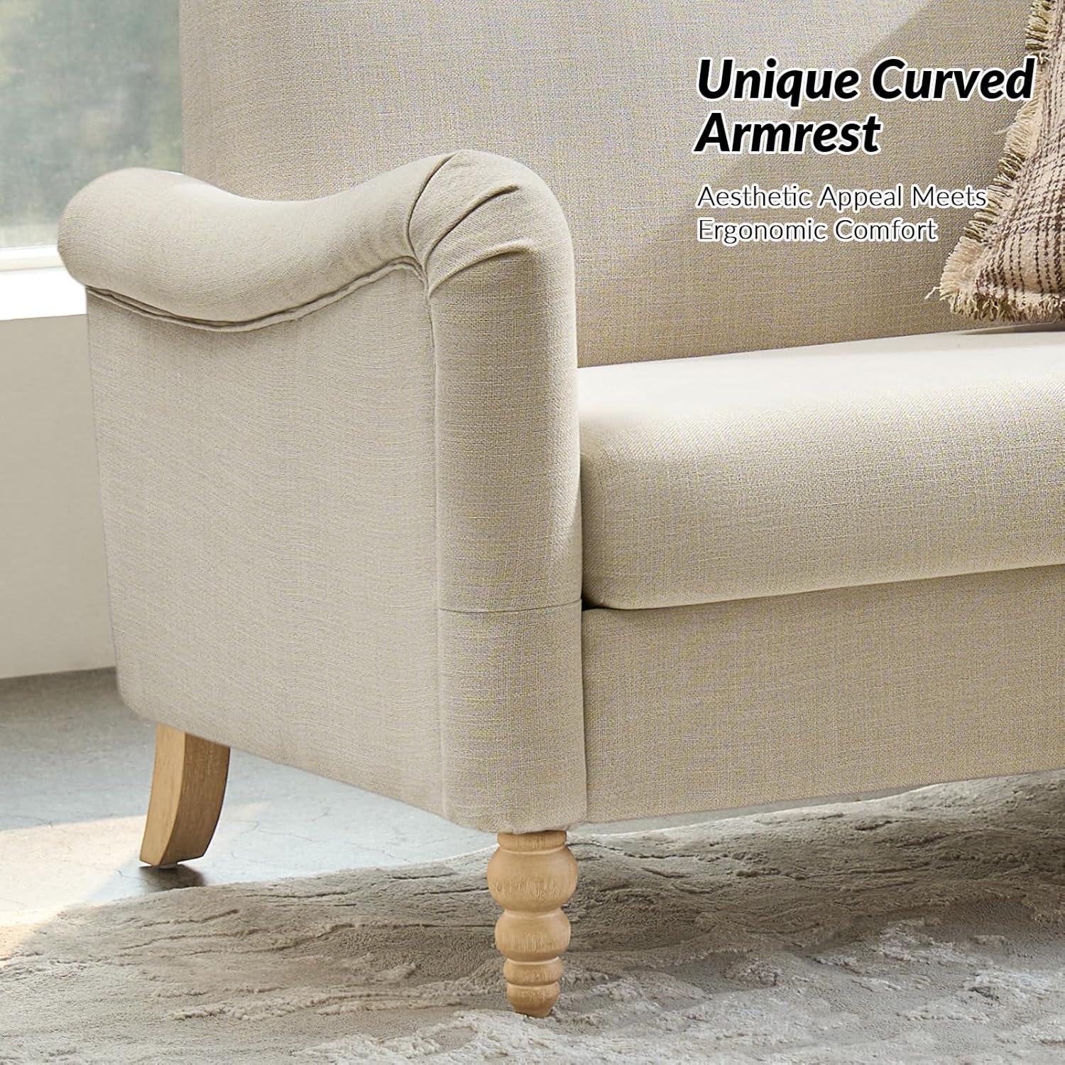 HULALA HOME 50.5" Loveseat Sofa with Solid Wood Spindle Legs, 2 Seater Farmhouse Sofa with Rolled Wide Armrests, Comfy Upholstered Small Couch for Living Room Bedroom, Linen