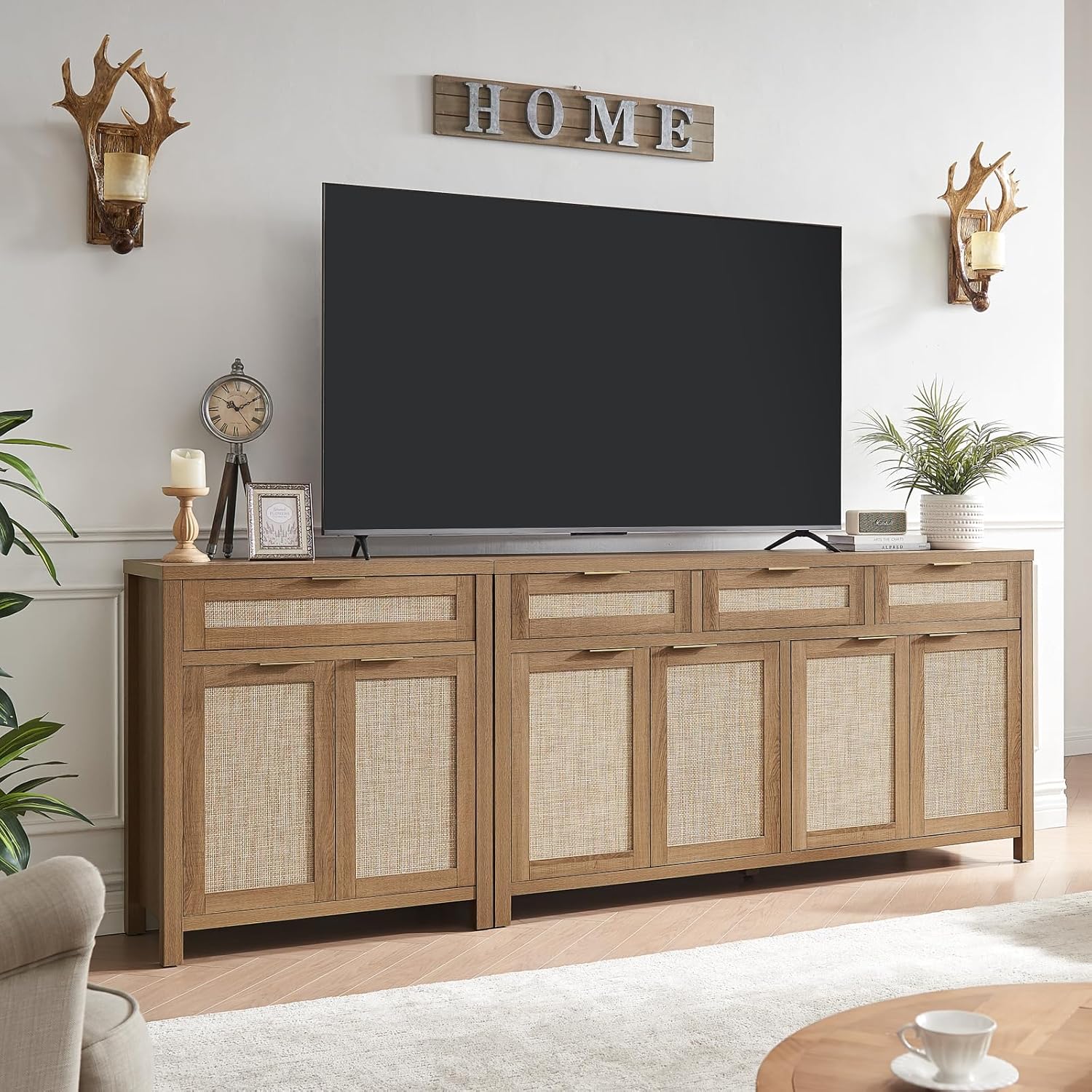 HOKYHOKY Rattan Sideboard Buffet Cabinet, Boho Storage Cabinet with Adjustable Shelves, Farmhouse Credenza Coffee Bar Cabinets with 4 Doors & 3 Drawers for Living Room, Hallway & Kitchen