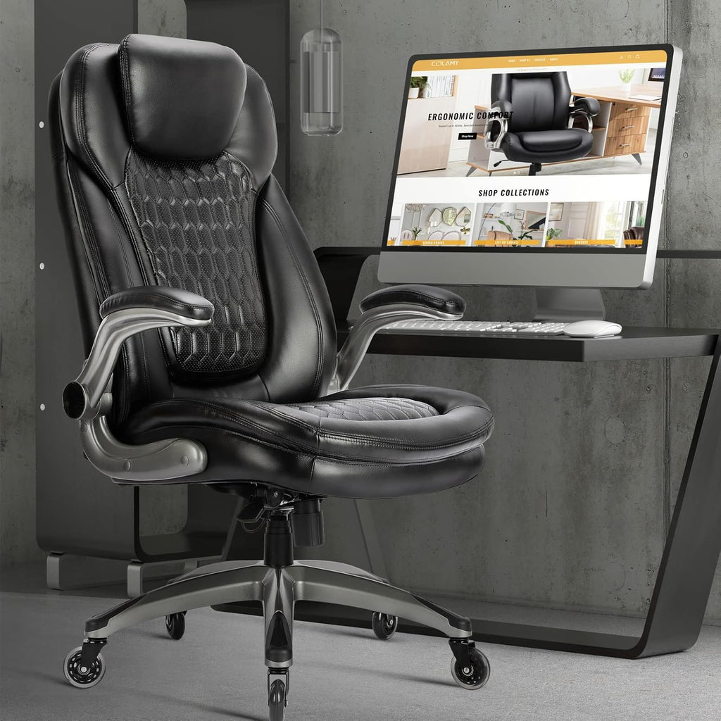 Executive Office Chair-Ergonomic Computer Desk Chair, High Back Leather Chair with Padded Flip-up Arms, Swivel Home Office Chair Upgraded Caster-Black