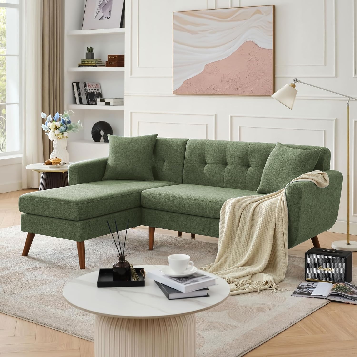 Kingfun 65.2" W Loveseat Sofa, Mid Century Modern Decor Love Seat Couches for Living Room, Button Tufted Upholstered Furniture, Solid & Easy to Install Small Couch for Bedroom Office Apartment, Beige | linen fabric, button tufted, solid wood foot, pocket