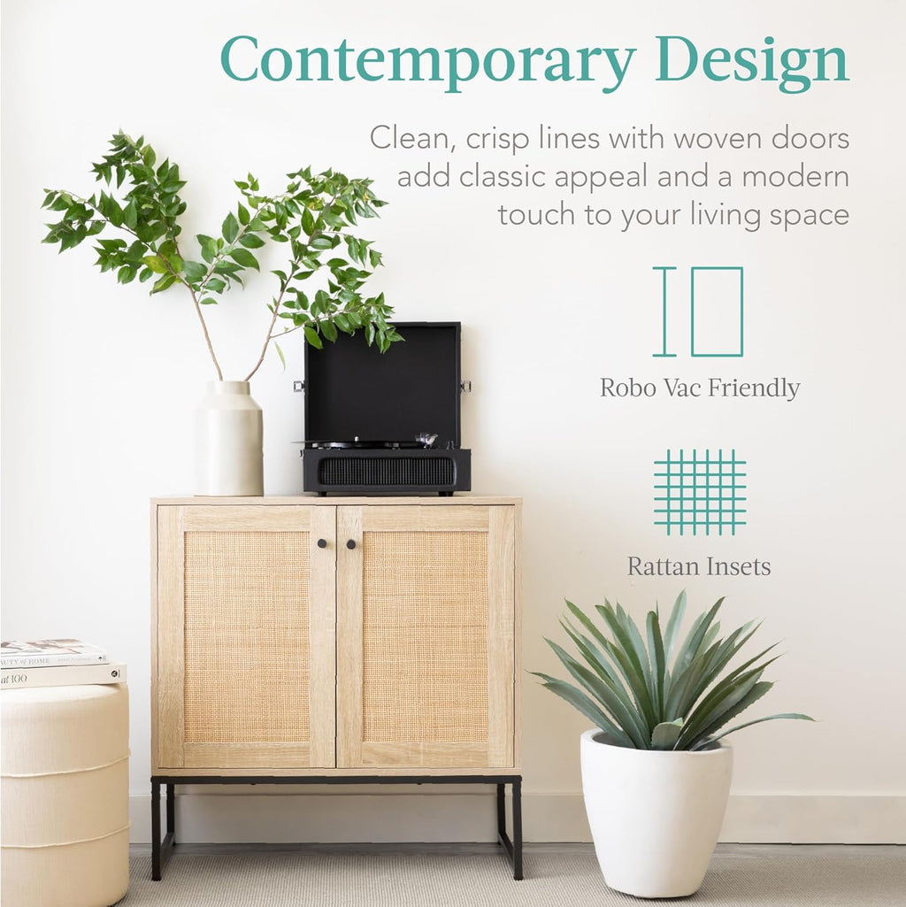 Best Choice Products 2-Door Rattan Storage Cabinet, Accent Furniture, Multifunctional Cupboard for Living Room, Hallway, Kitchen, Sideboard, Buffet Table w/Non-Scratch Foot Pads - Natural