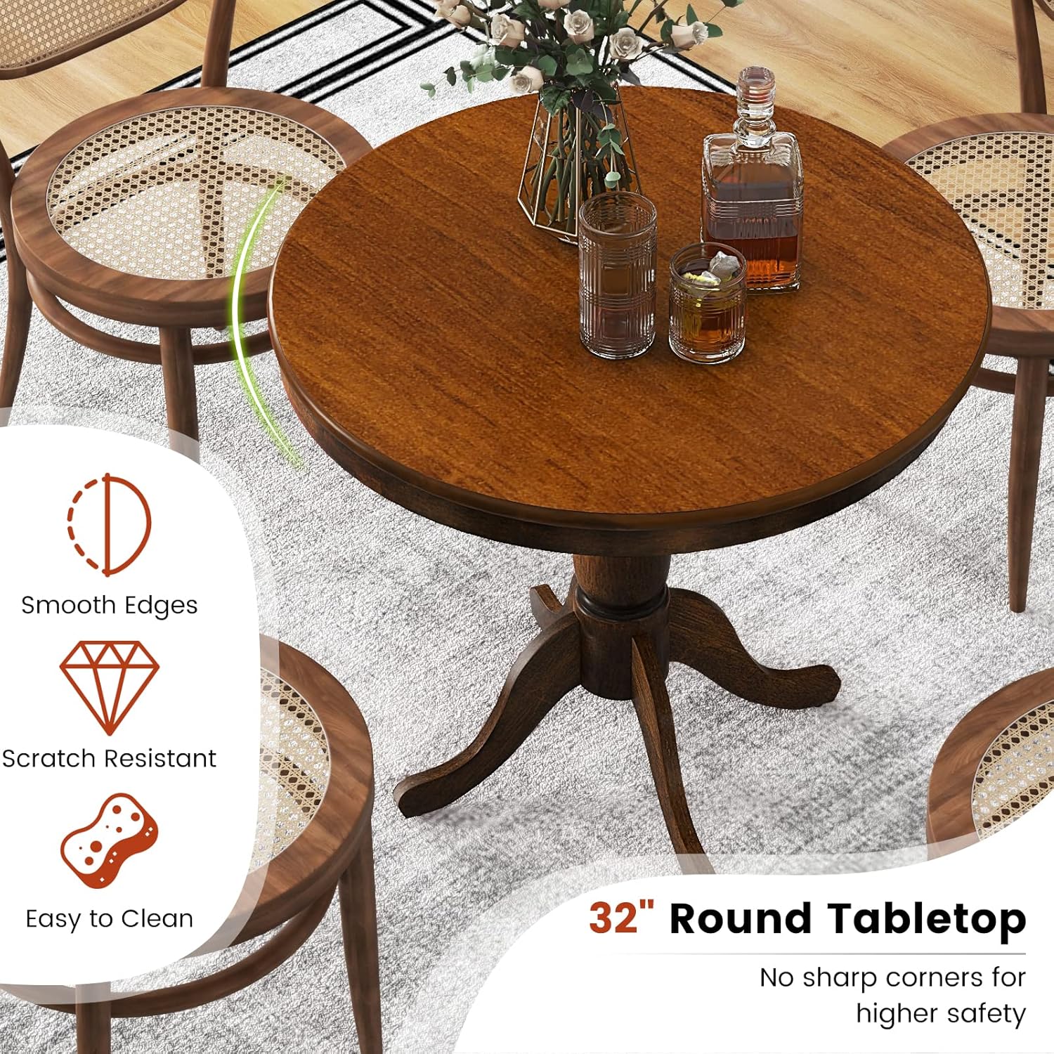 Giantex Round Dining Table for 2-4 People, 32" D X 30" H Wooden Kitchen Table with Spacious Table Top, Pedestal Base, Leisure End Tables for Bar, Kitchen, Dining Room, Restaurant, Walnut