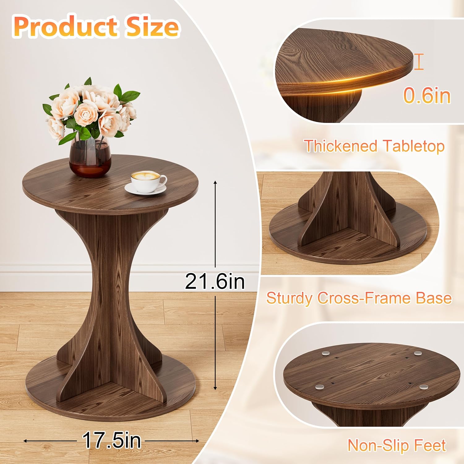Round Side End Table - Wood Accent Coffee Table for Living Room, Modern Circle Nightstand with Pedestal for Small Spaces Bedroom Sofa, Vintage Corner Couch Bedside Table (Rustic Brown)