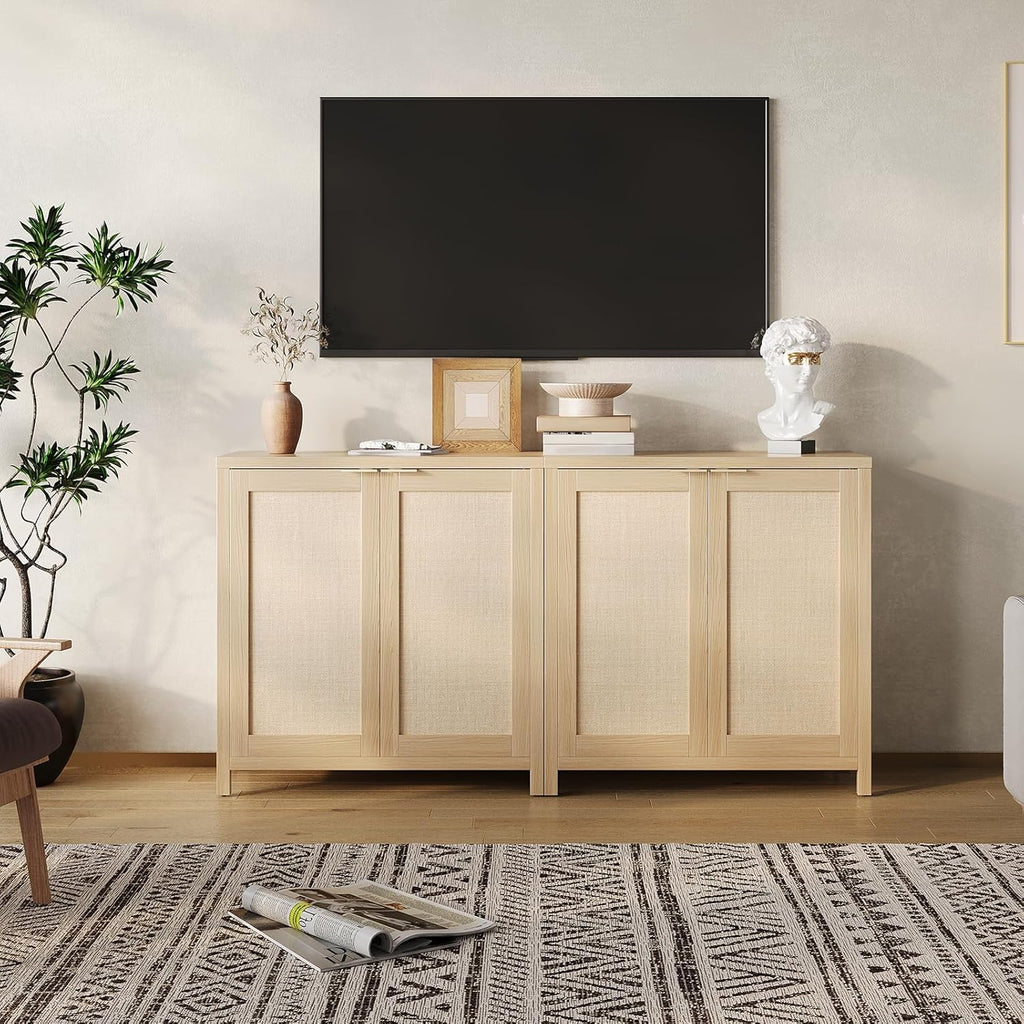 GarveeLife Farmhouse Rattan Buffet Cabinet with Storage & Adjustable Shelves, 34.3" Kitchen Sideboard Console Table for Living Room Dining Room Entryway Light Oak