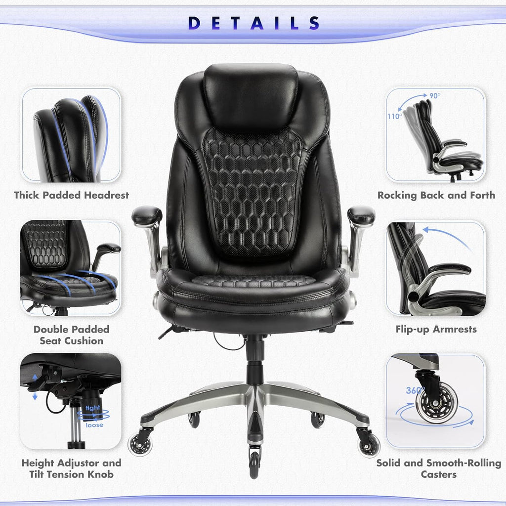 Executive Office Chair-Ergonomic Computer Desk Chair, High Back Leather Chair with Padded Flip-up Arms, Swivel Home Office Chair Upgraded Caster-Black