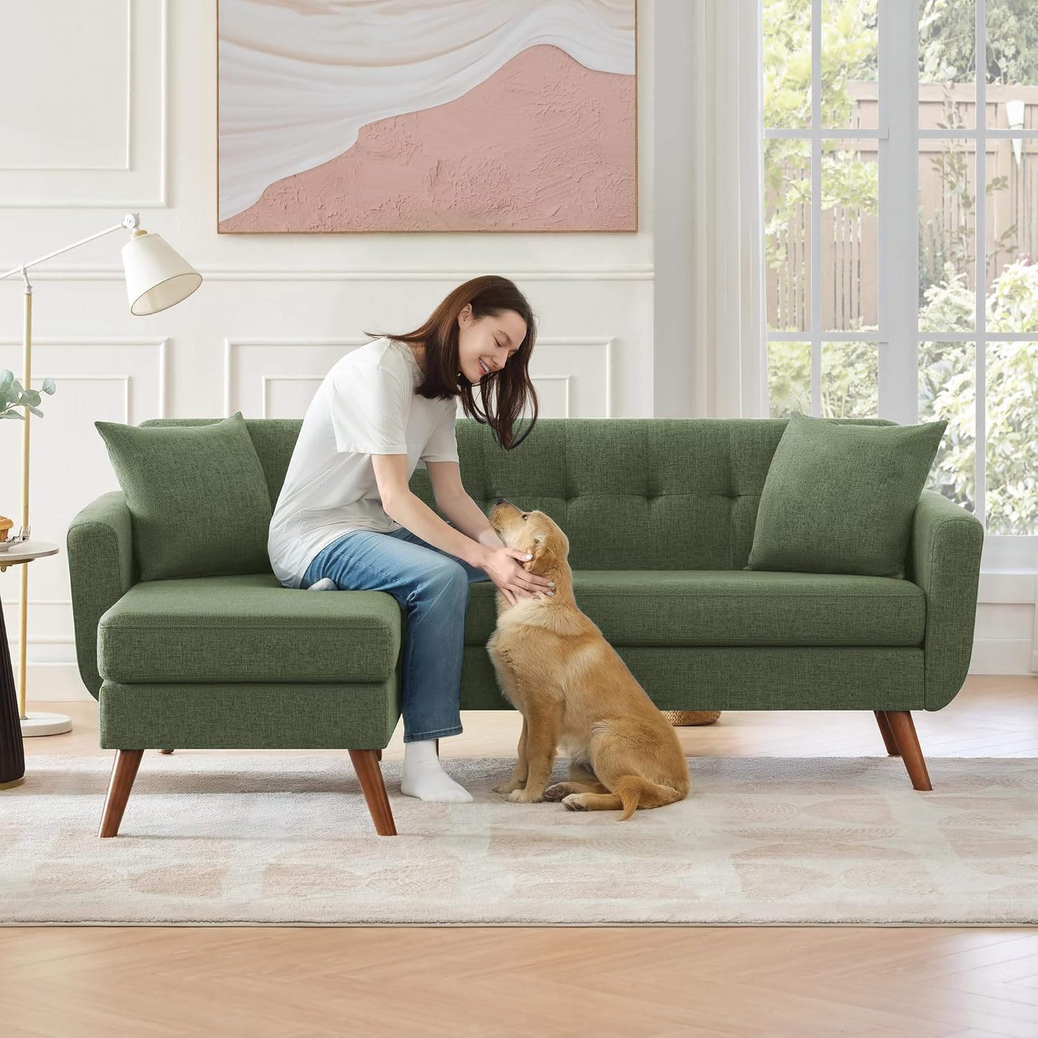 Tbfit 65" W Loveseat Sofa, Mid Century Modern Decor Love Seat Couches for Living Room, Button Tufted Upholstered Small Couch for Bedroom, Solid and Easy to Install Love Seats Furniture, Beige | linen fabric, button tufted, solid wood foot, pocket spring,