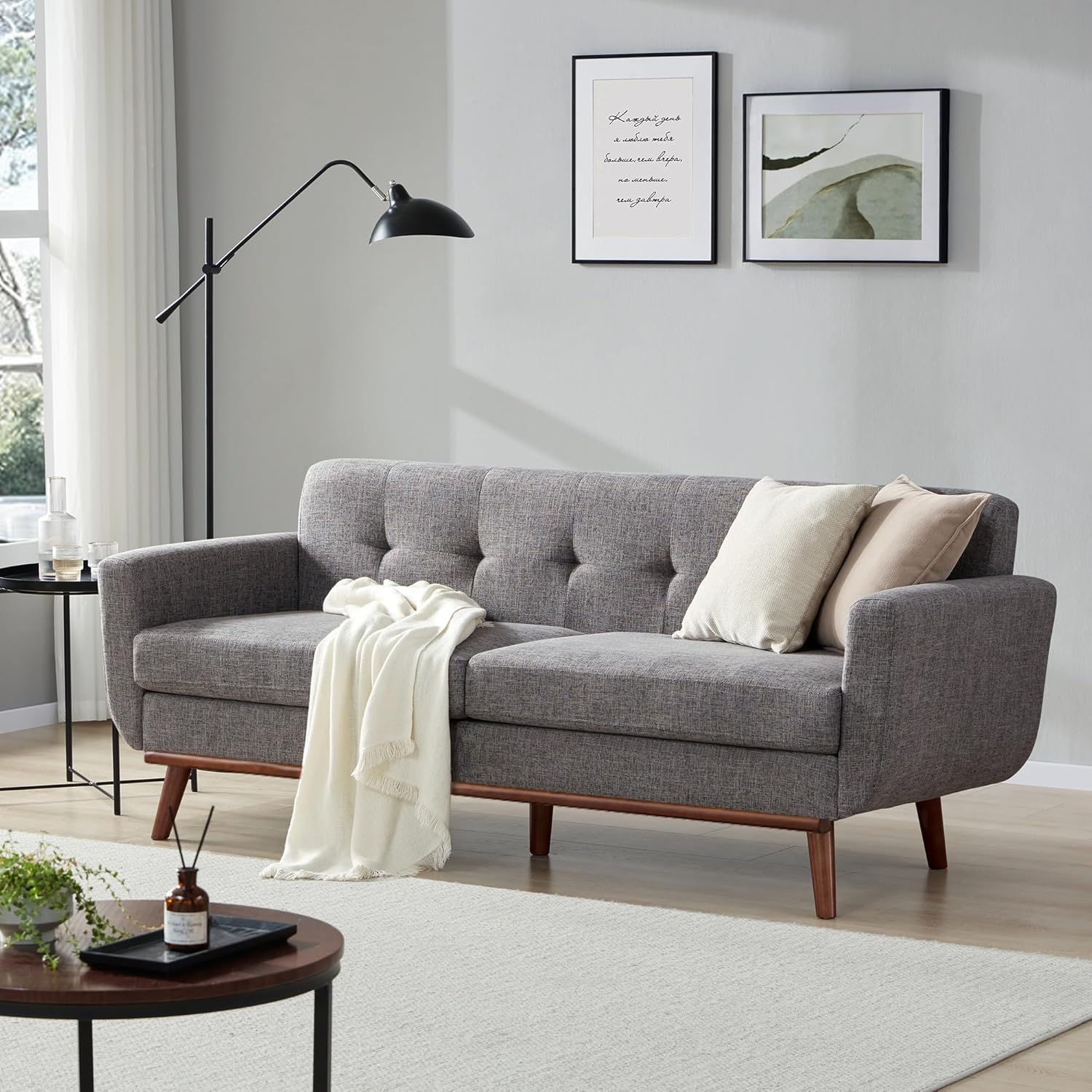 Kingfun 65.2" W Loveseat Sofa, Mid Century Modern Decor Love Seat Couches for Living Room, Button Tufted Upholstered Furniture, Solid & Easy to Install Small Couch for Bedroom Office Apartment, Beige | linen fabric, button tufted, solid wood foot, pocket