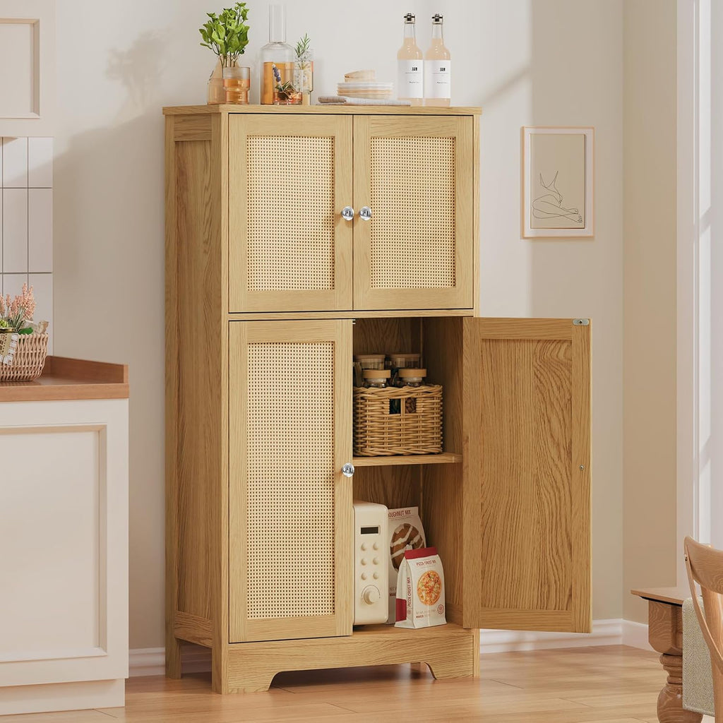 TEENFON Storage Cabinet, Rattan Cabinets with 2 Adjustable Shelves & 4 Doors, Bathroom Cabinet, Cupboard, Floor Cabinets for Living Room, Entryway, Kitchen, Home Office, Natural