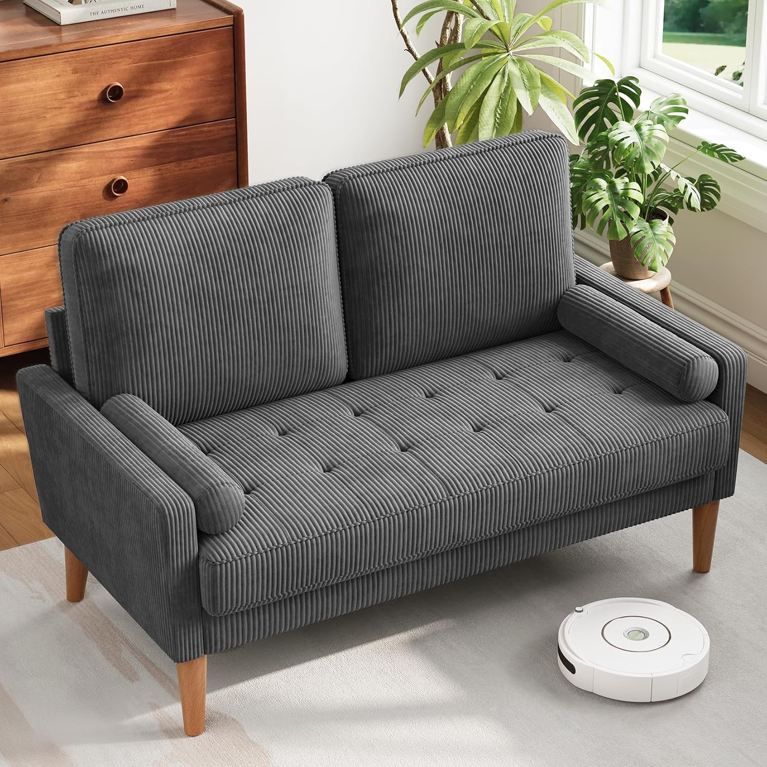 Vesgantti Loveseat Sofa with Solid Wood Legs, 48" Small Couches for Small Spaces, Love Seat for Living Room, Bedroom, Easy Assembly Mid Century Modern Couch with Throw Pillow for Apartment, Ashbeige