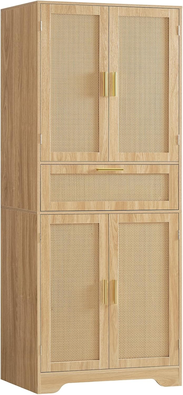 Iwell Tall Narrow Storage Cabinet with Doors, Rattan Cabinet with Adjustable Shelves, Freestanding Linen Storage for Living Room, Entryway, Kitchen, Bathroom, Natural
