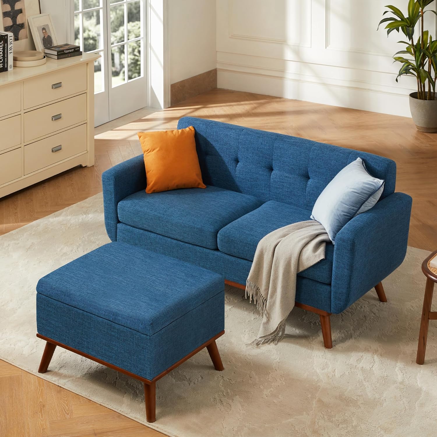 Kingfun 65.2" W Loveseat Sofa, Mid Century Modern Decor Love Seat Couches for Living Room, Button Tufted Upholstered Furniture, Solid & Easy to Install Small Couch for Bedroom Office Apartment, Beige | linen fabric, button tufted, solid wood foot, pocket