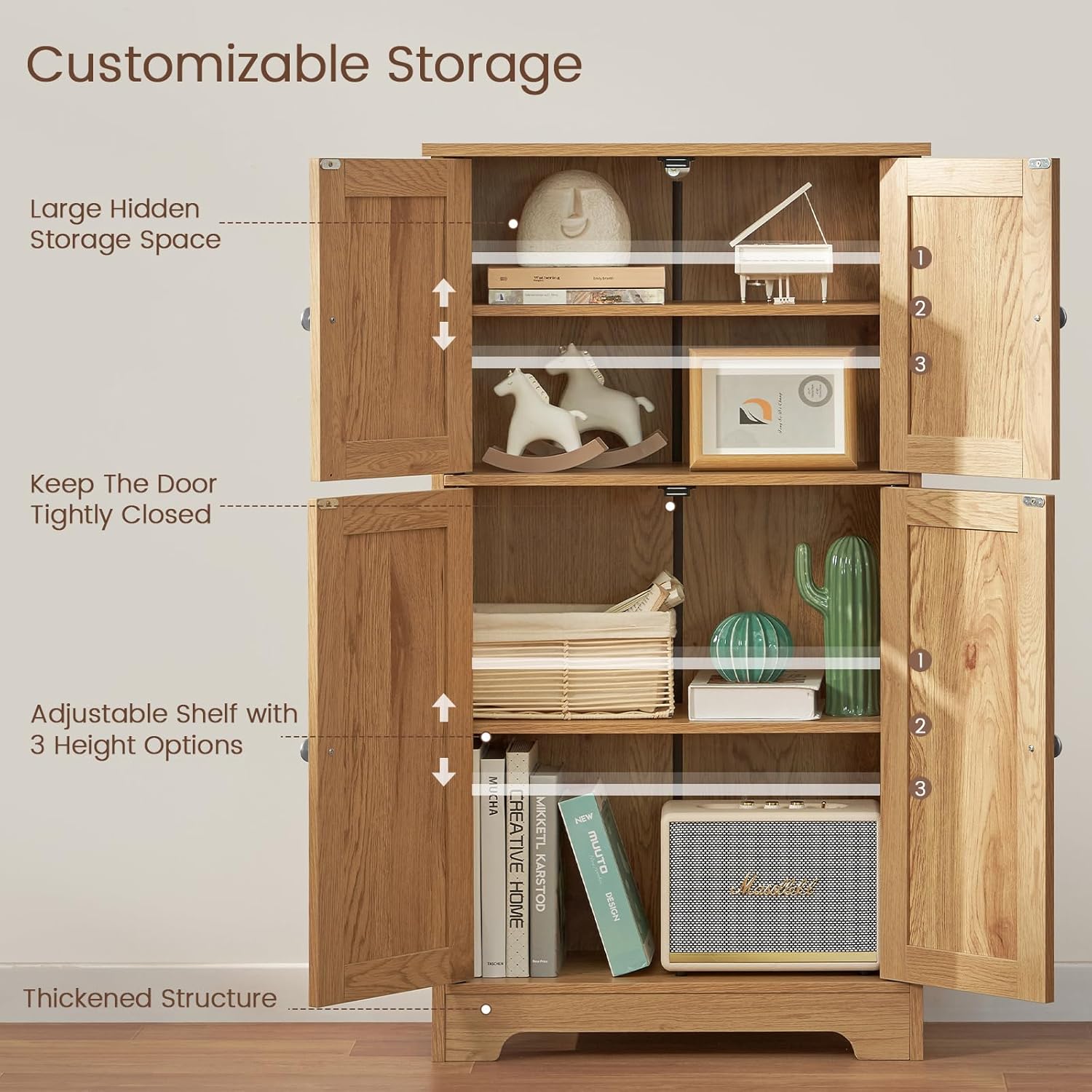 TEENFON Storage Cabinet, Rattan Cabinets with 2 Adjustable Shelves & 4 Doors, Bathroom Cabinet, Cupboard, Floor Cabinets for Living Room, Entryway, Kitchen, Home Office, Natural