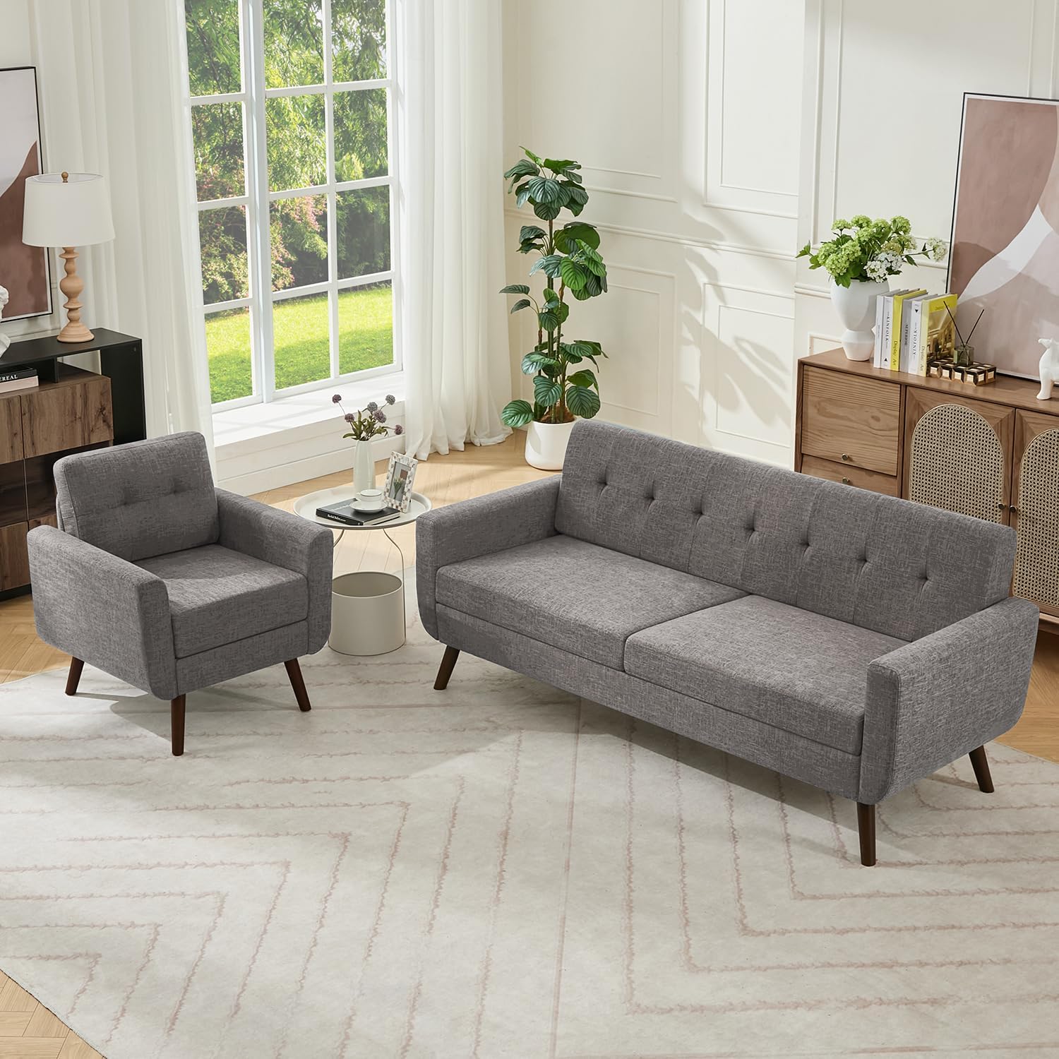 Tbfit 65" W Loveseat Sofa, Mid Century Modern Decor Love Seat Couches for Living Room, Button Tufted Upholstered Small Couch for Bedroom, Solid and Easy to Install Love Seats Furniture, Beige | linen fabric, button tufted, solid wood foot, pocket spring,
