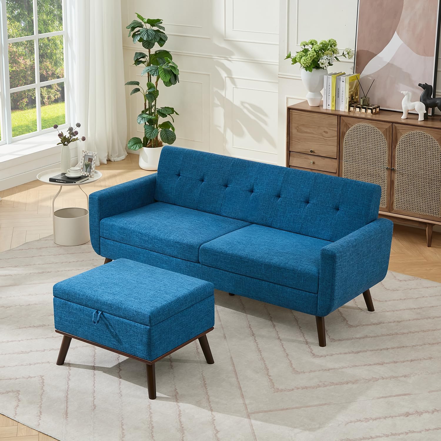 Tbfit 65" W Loveseat Sofa, Mid Century Modern Decor Love Seat Couches for Living Room, Button Tufted Upholstered Small Couch for Bedroom, Solid and Easy to Install Love Seats Furniture, Beige | linen fabric, button tufted, solid wood foot, pocket spring,