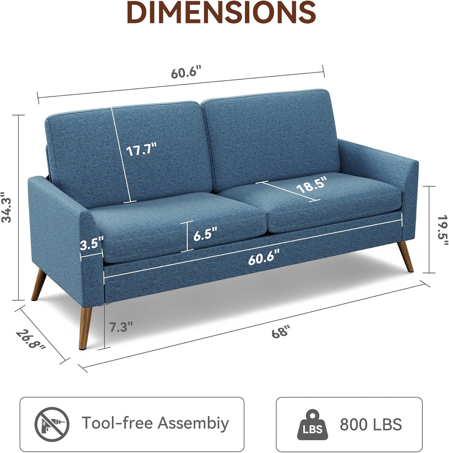 Vipbear 68" Loveseat Sofa - Blue, Comfy Linen with Spring Cushion, Solid Wood Frame, Modern Deep Seat, Bedroom & Living Room, Office Small Couch