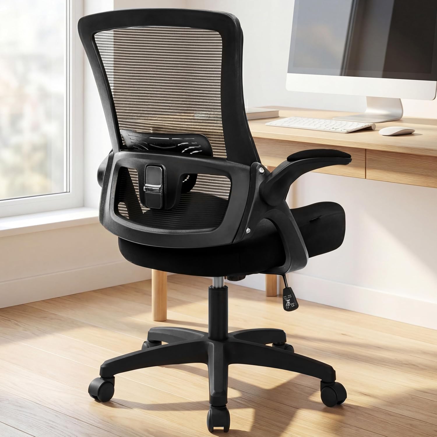 NEO CHAIR Office Desk Chair Computer High Back Mesh Gaming Seat with Ergonomic Adjustable Comfy Flip-up Armrests Lumbar Support Height for Home (Black)
