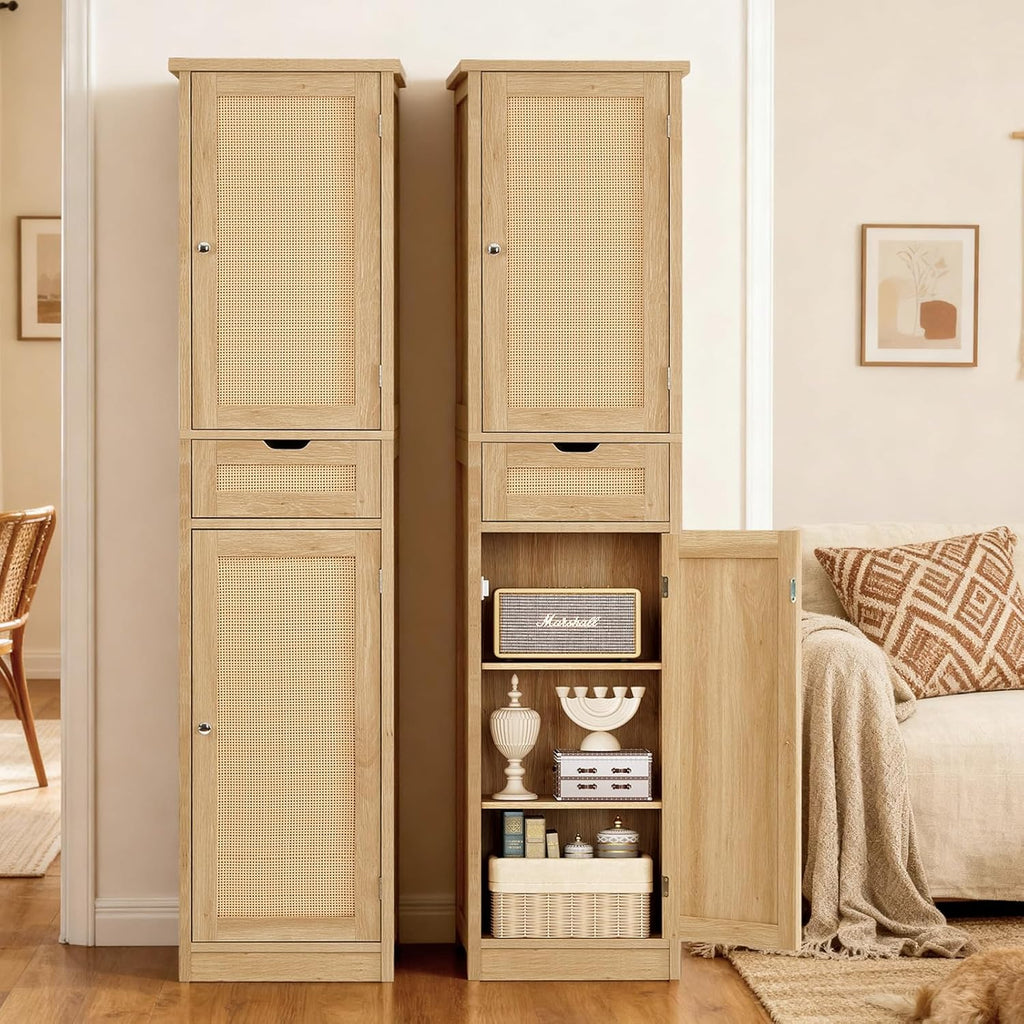 Iwell Tall Narrow Storage Cabinet with Doors, Rattan Cabinet with Adjustable Shelves, Freestanding Linen Storage for Living Room, Entryway, Kitchen, Bathroom, Natural
